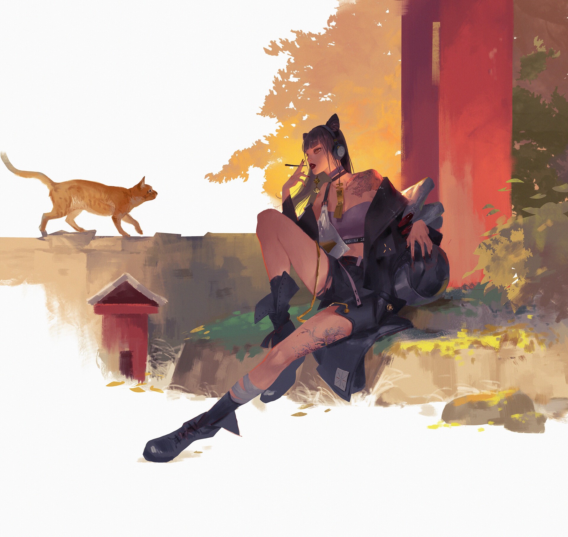 Woman with cat ears smoking outdoors HD Wallpaper