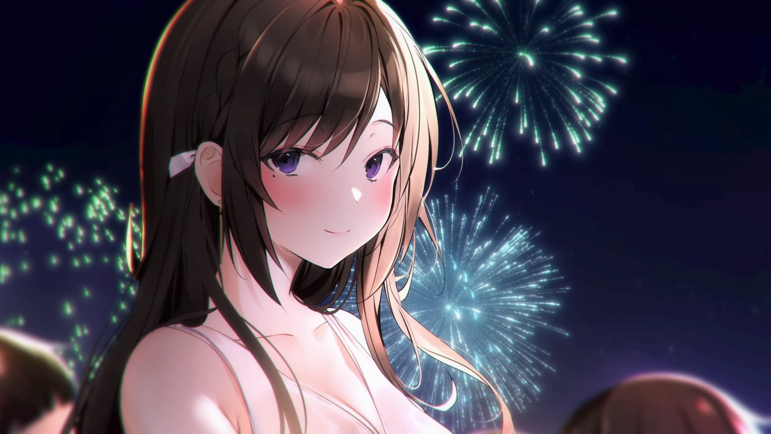 Anime girl with purple eyes watching fireworks HD Wallpaper