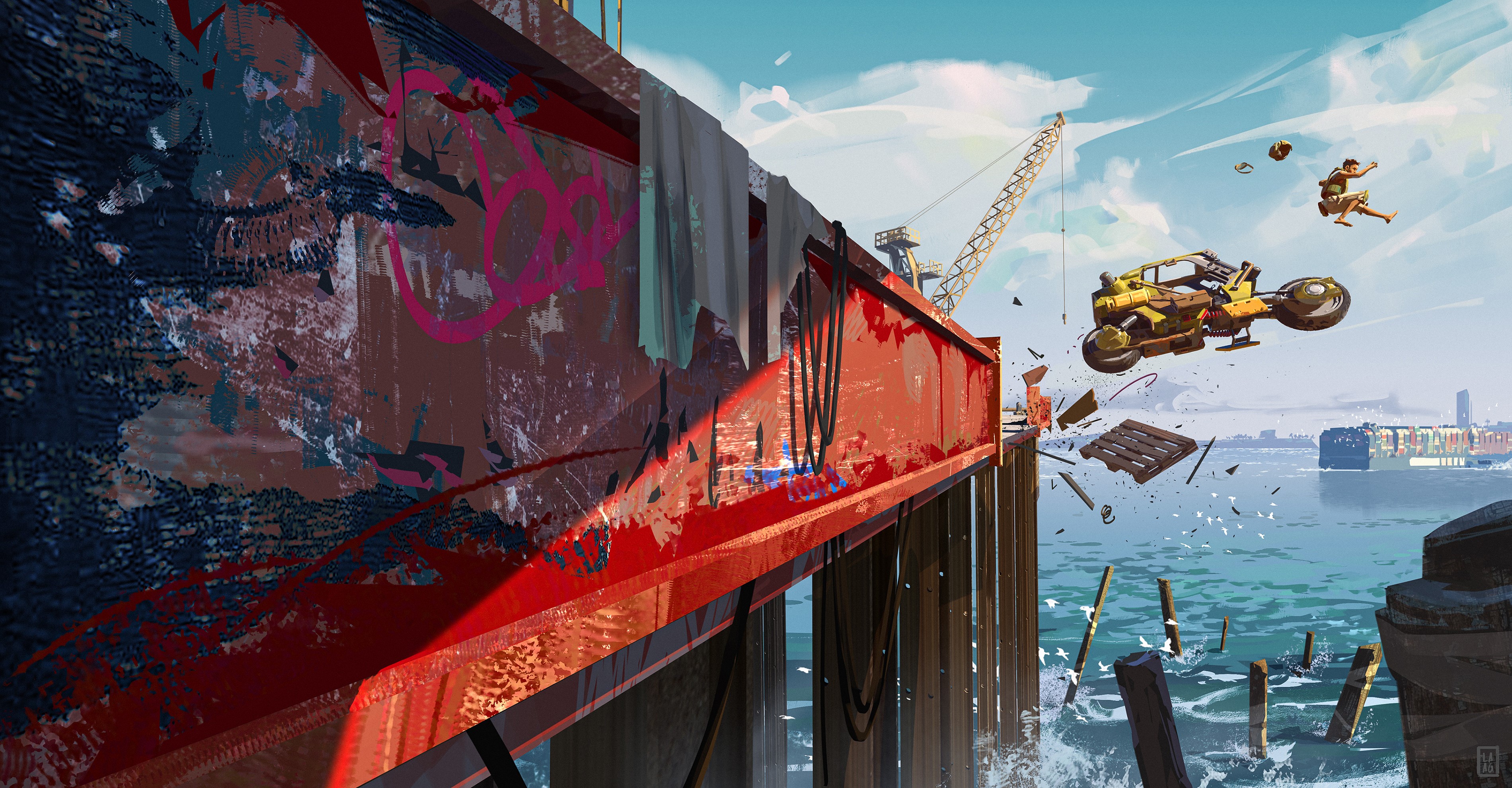 Motorcycle stunt jump from a dock by Ed Laag HD Wallpaper