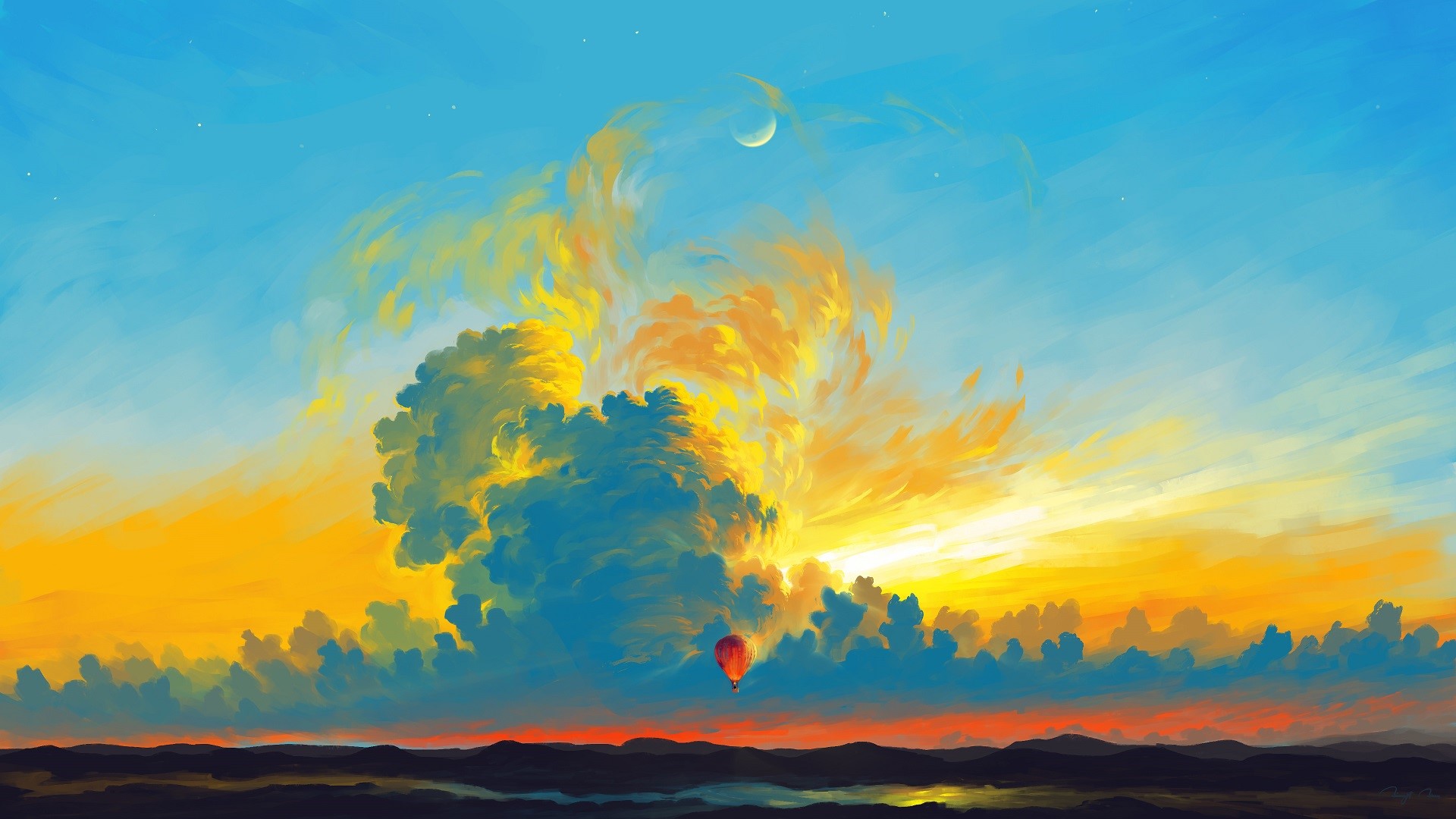 Digital art landscape with hot air balloon and moon HD Wallpaper