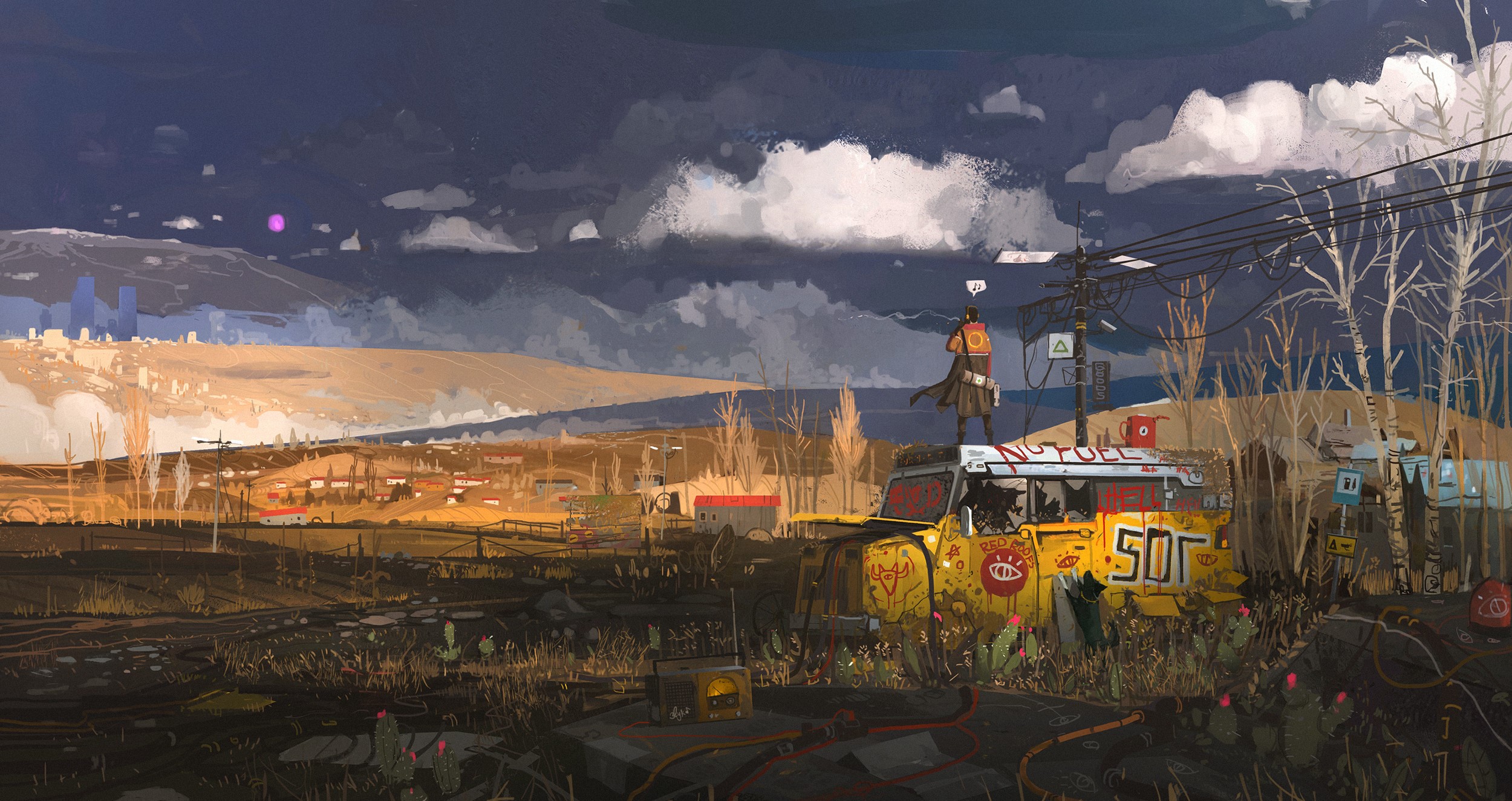 Post-apocalyptic landscape with a modified vehicle and a lone figure HD Wallpaper