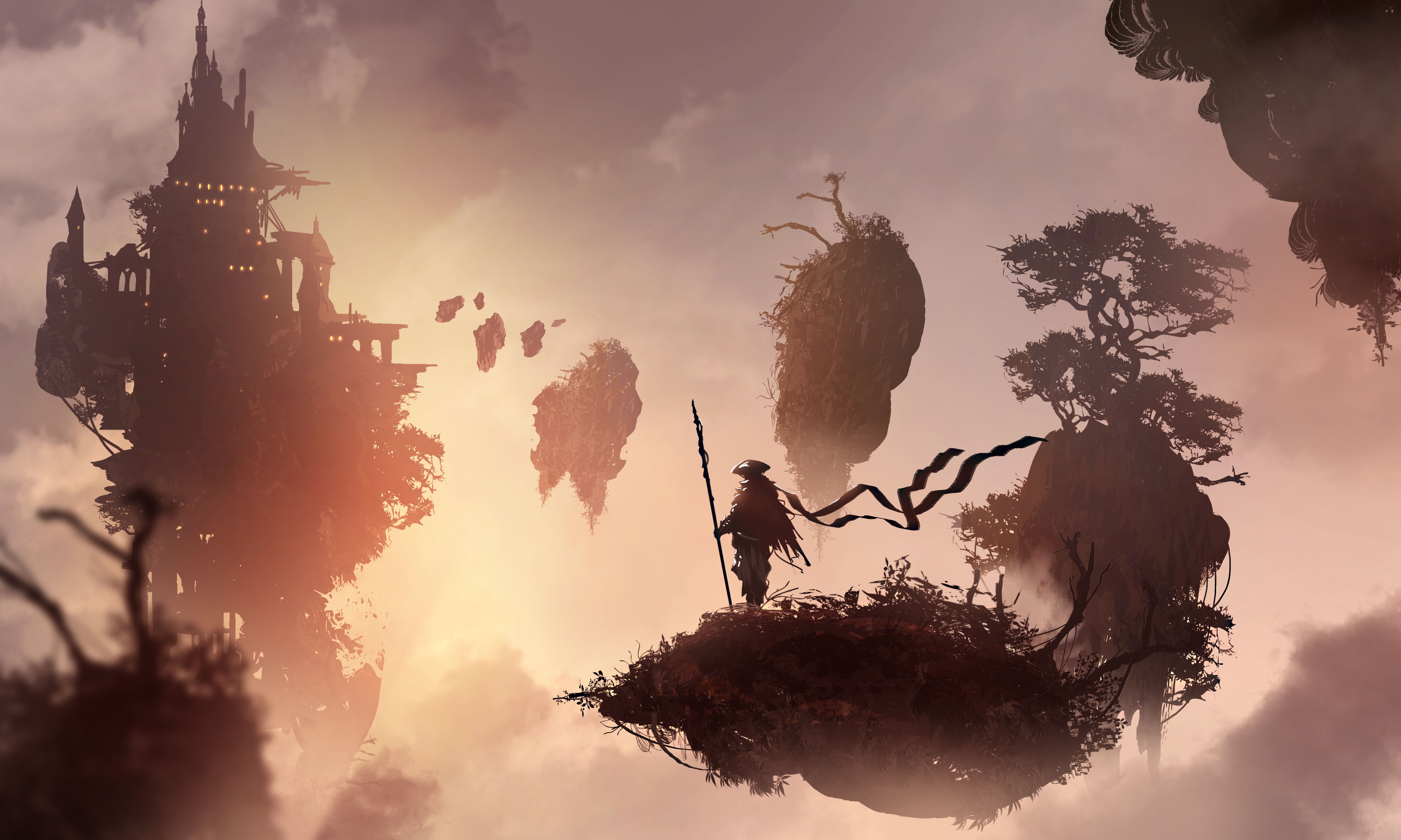 Fantasy art of floating islands and a traveler HD Wallpaper
