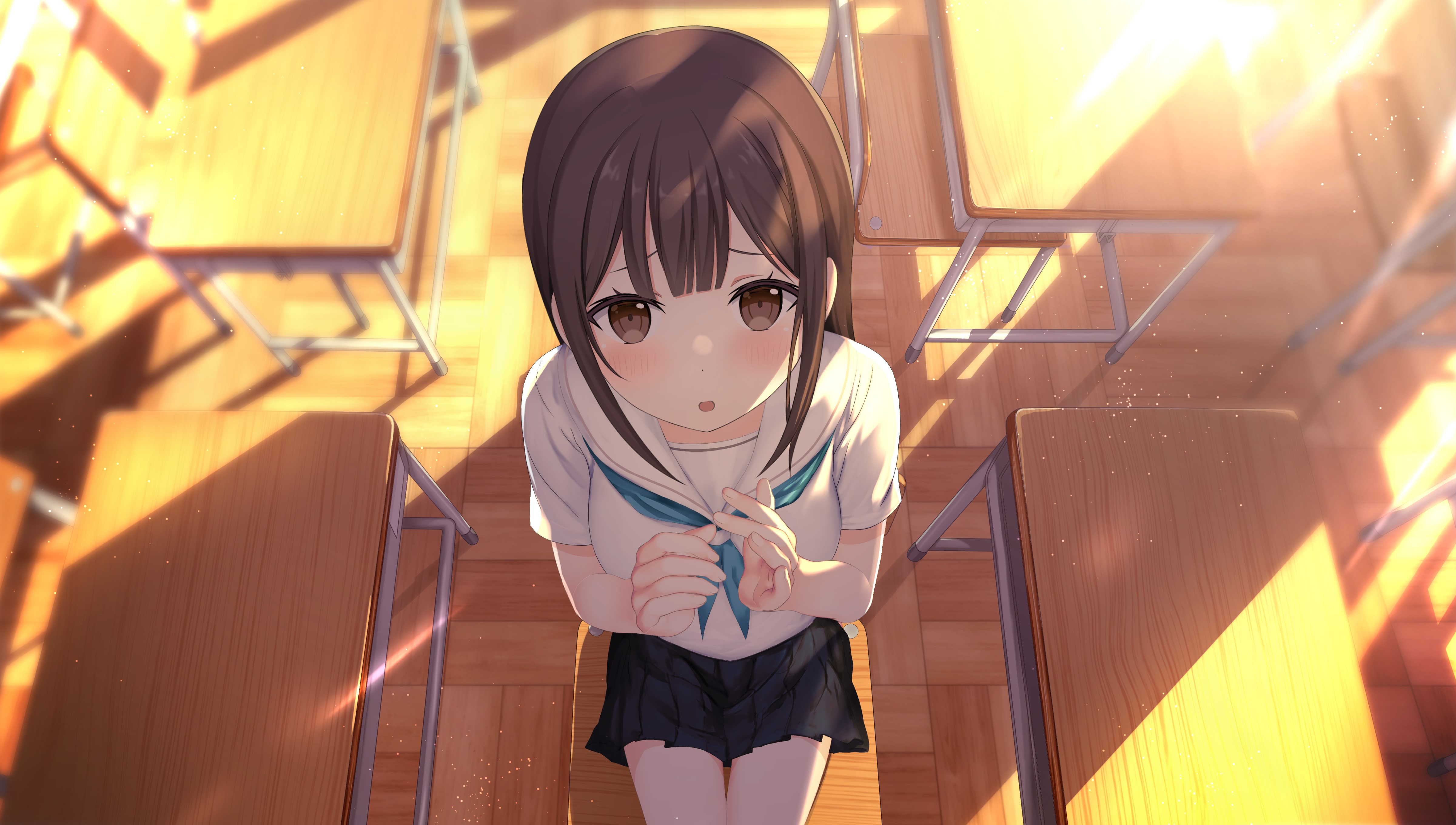 Anime girl in school uniform in classroom HD Wallpaper