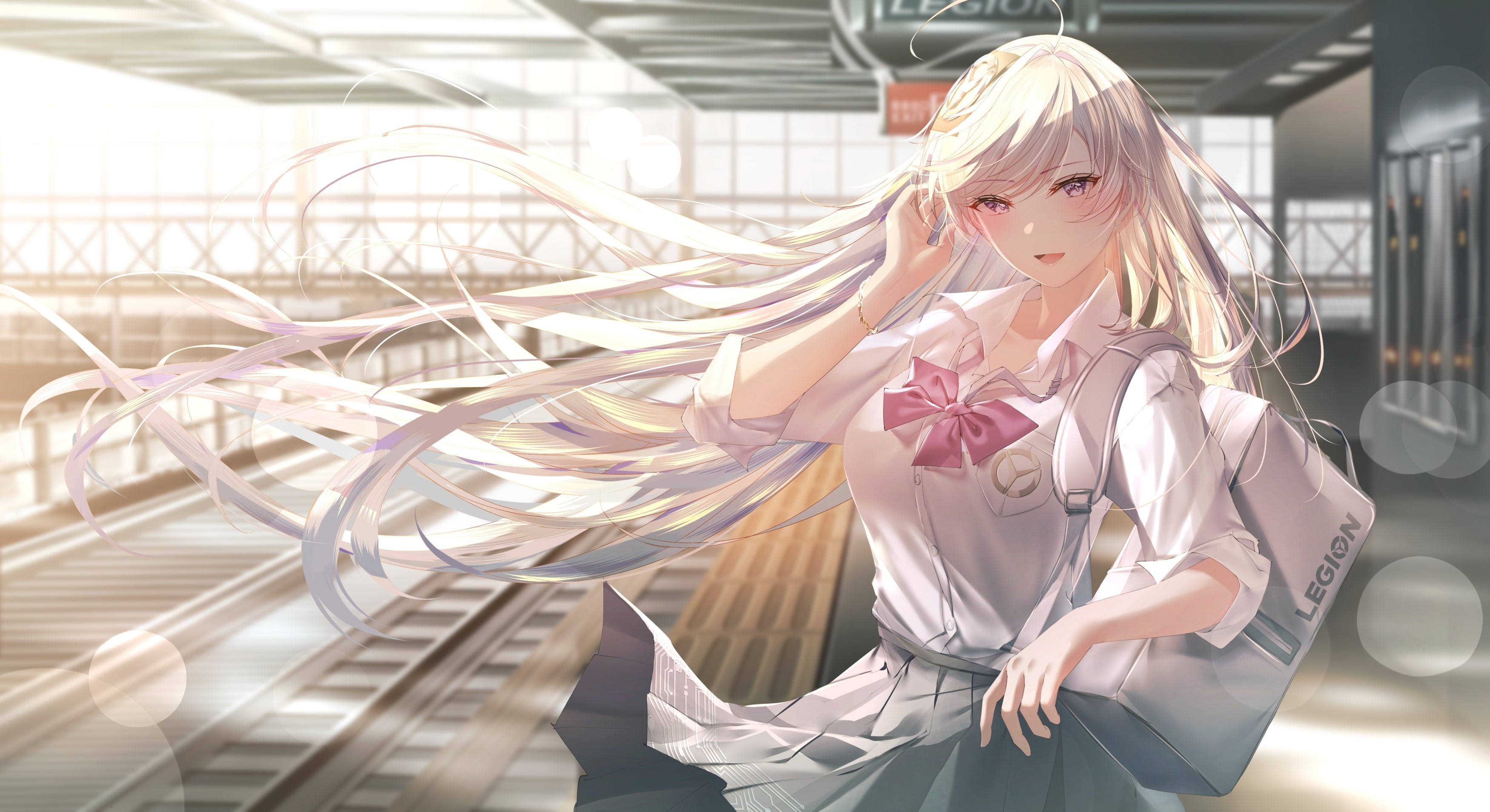 Anime girl with long silver hair at a train station HD Wallpaper