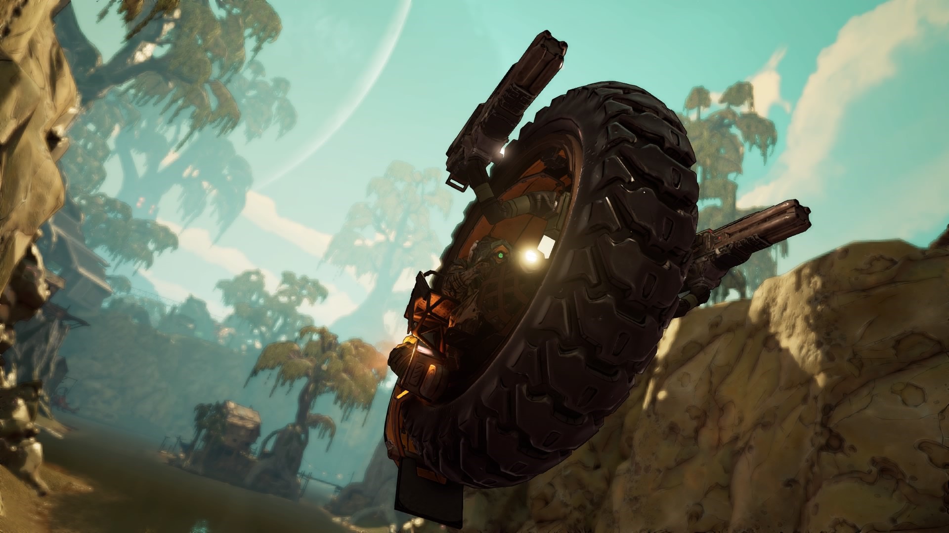 Borderlands 3 vehicle with guns in alien landscape HD Wallpaper