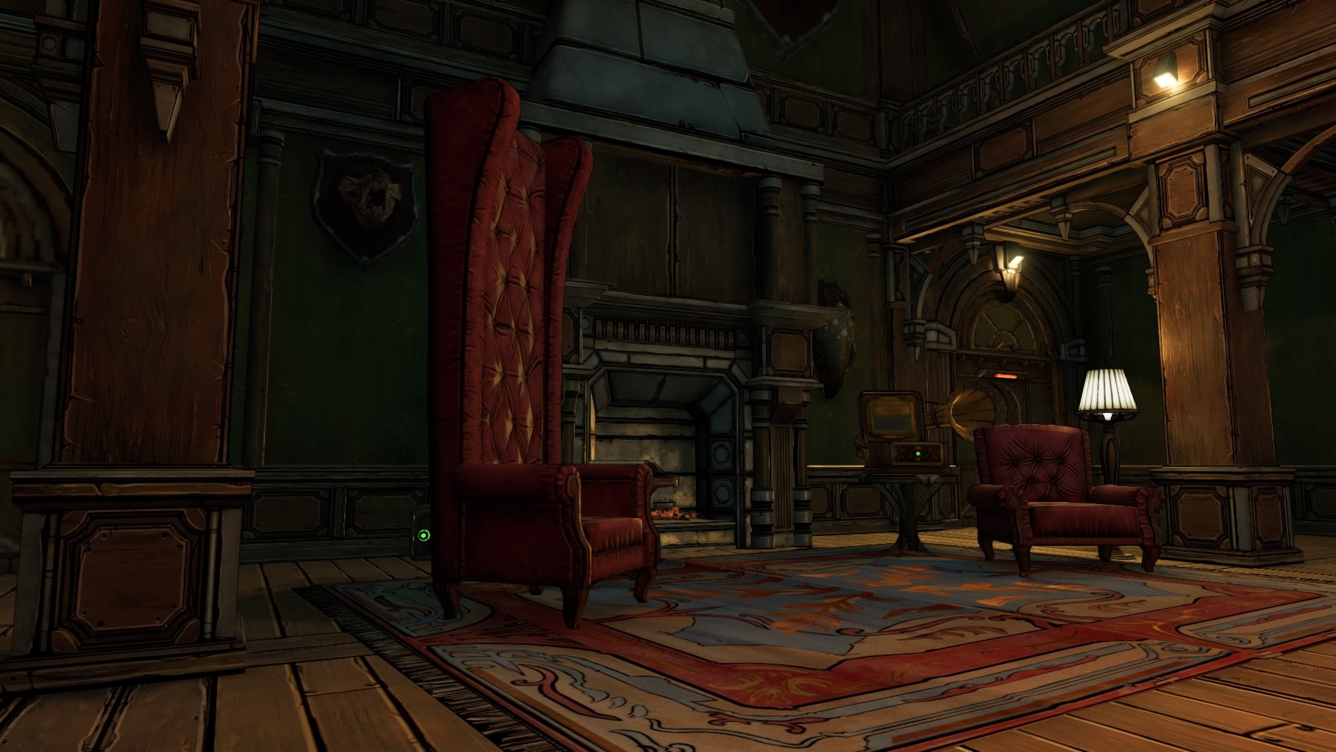 Interior of a room with two armchairs and a fireplace HD Wallpaper