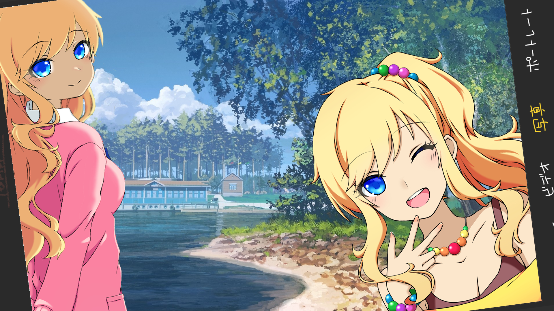 Two anime girls with blonde hair and blue eyes at a lake HD Wallpaper