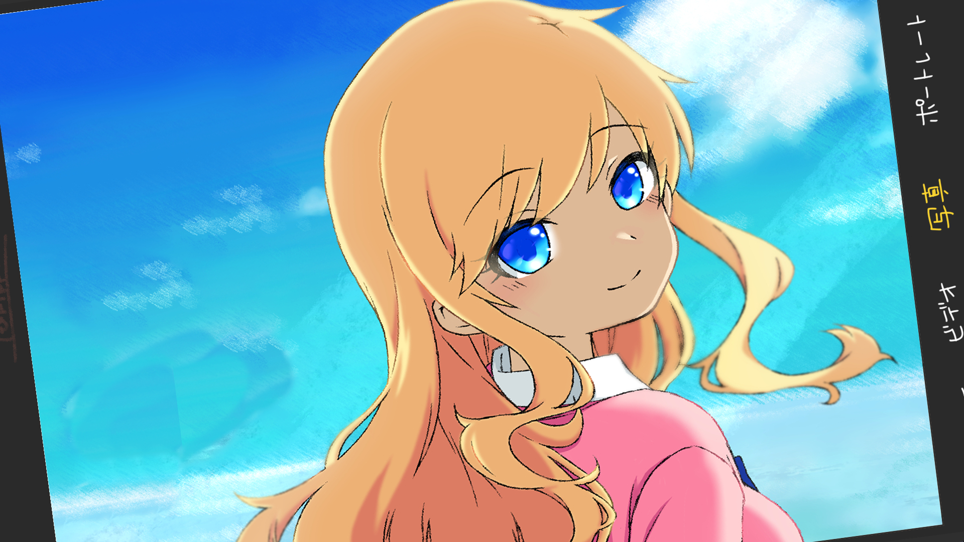 Anime girl with blonde hair and blue eyes on a beach HD Wallpaper