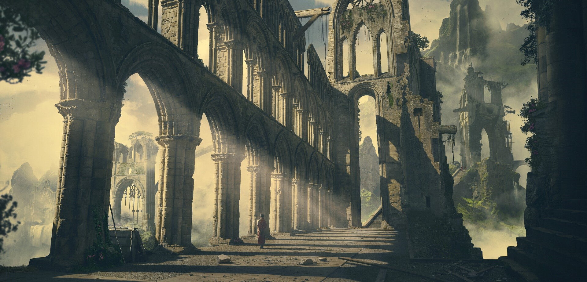 Ancient ruins with a lone figure in a red robe HD Wallpaper