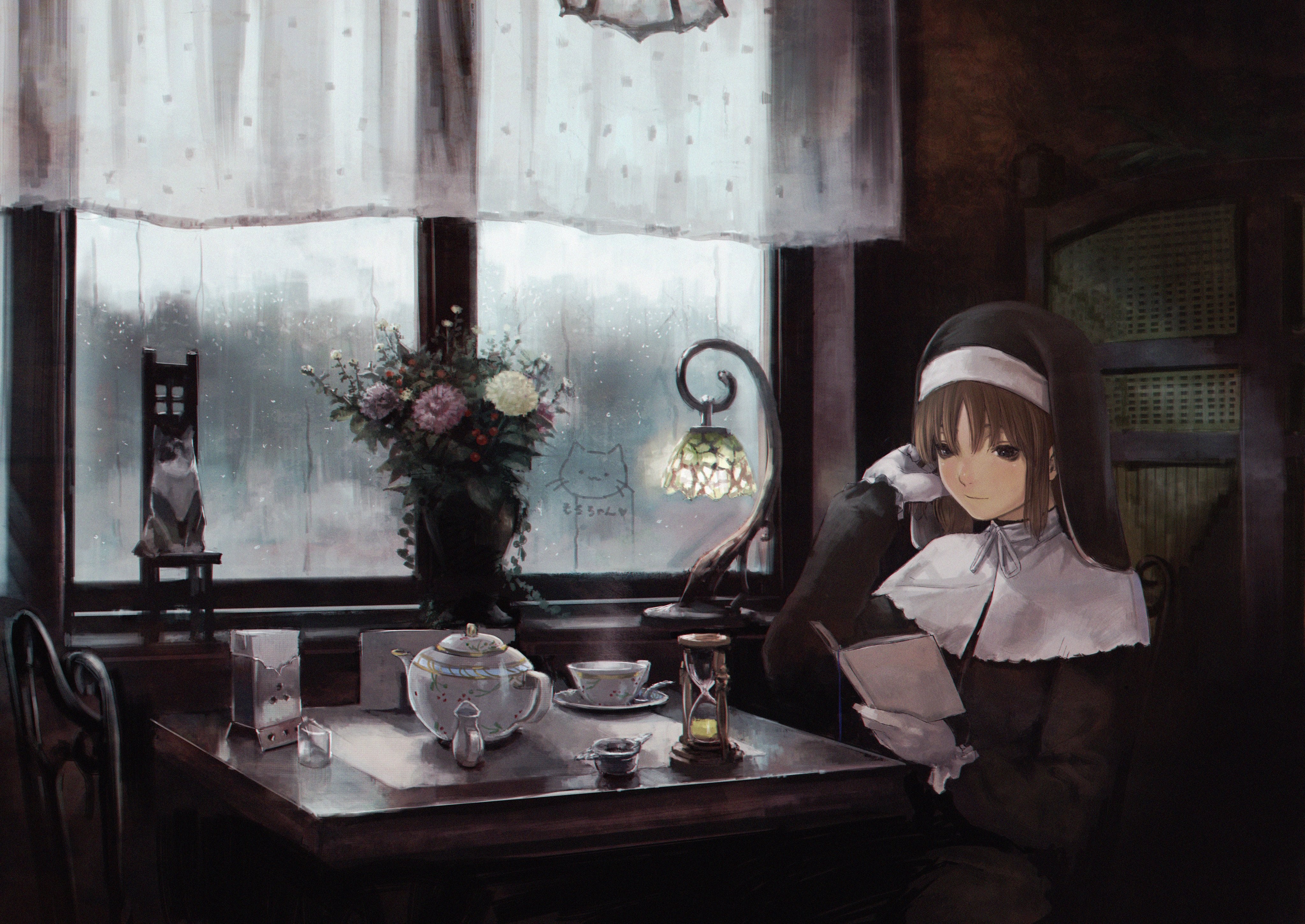 Anime nun reading a book by the window on a rainy day HD Wallpaper