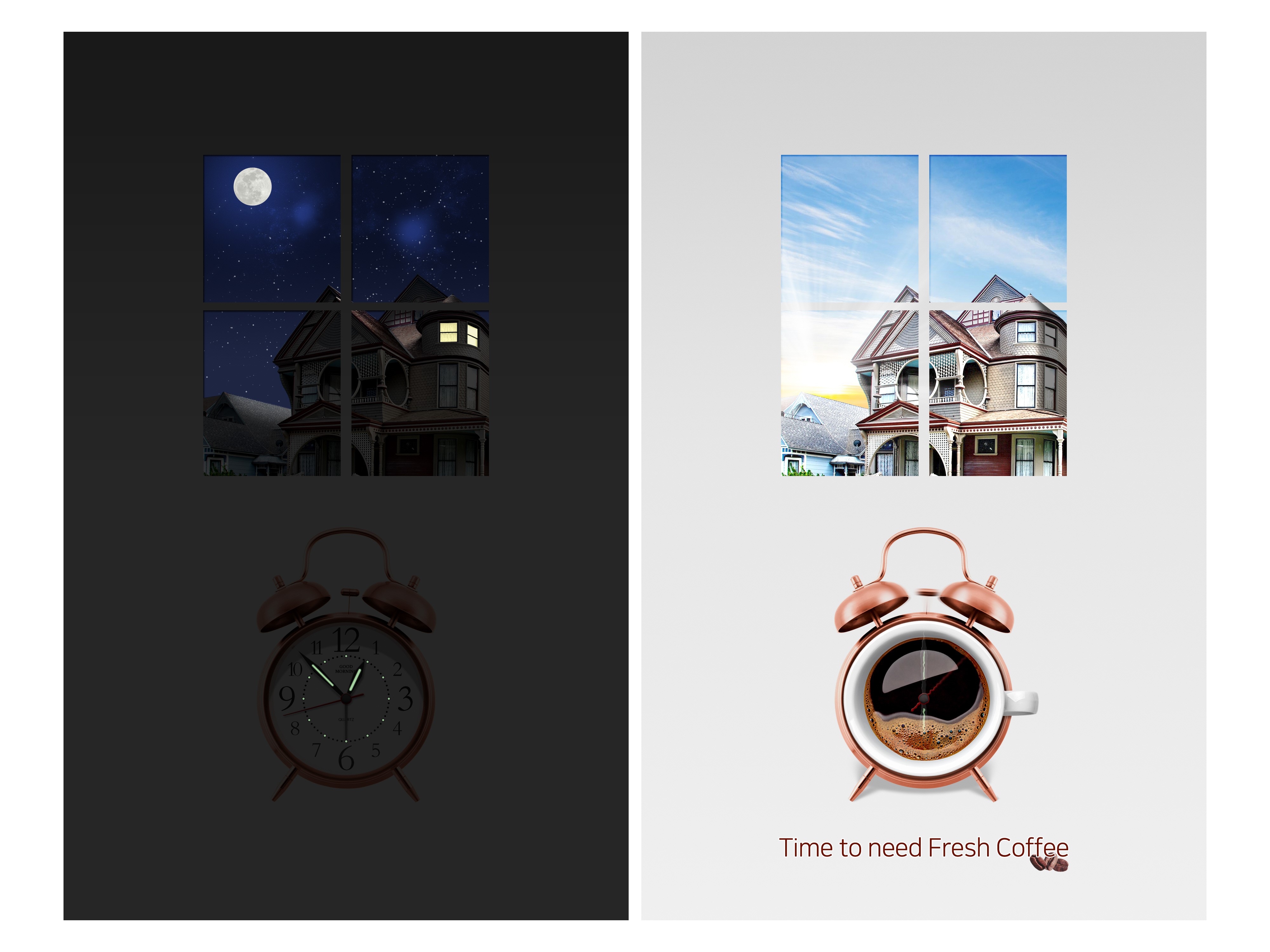 Night and Morning House with Alarm Clock and Coffee HD Wallpaper