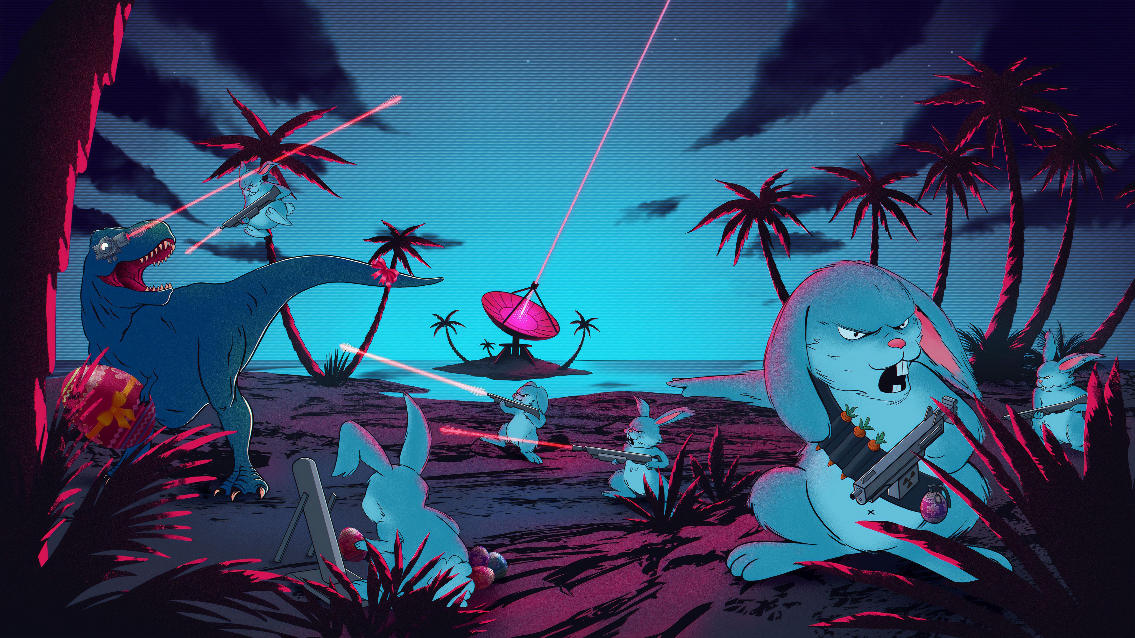 Tyrannosaurus Rex and Rabbits Battle on Island with Lasers HD Wallpaper