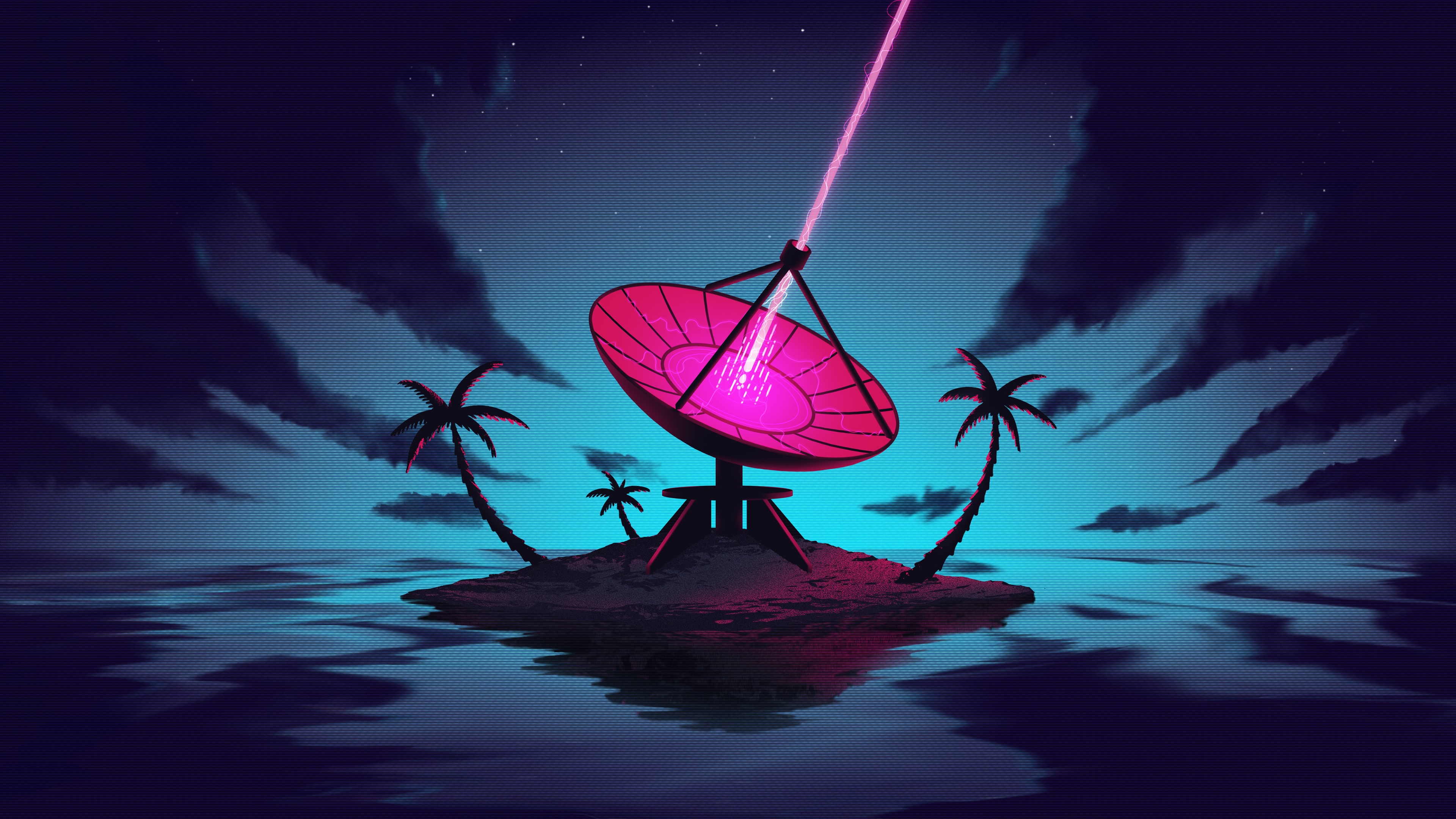 Island with satellite dish and laser beam HD Wallpaper