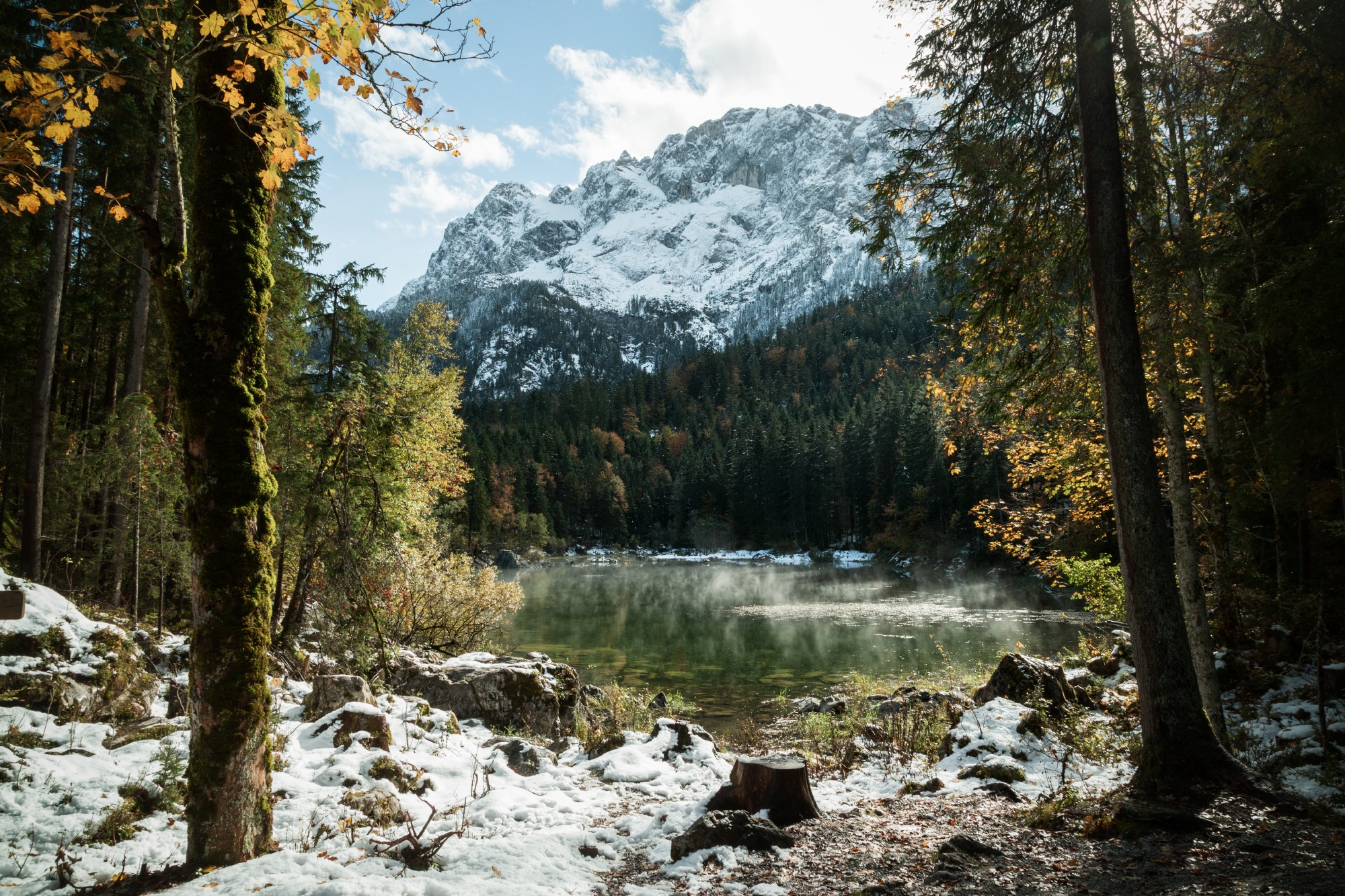 Snowy mountains and forest by a misty lake HD Wallpaper