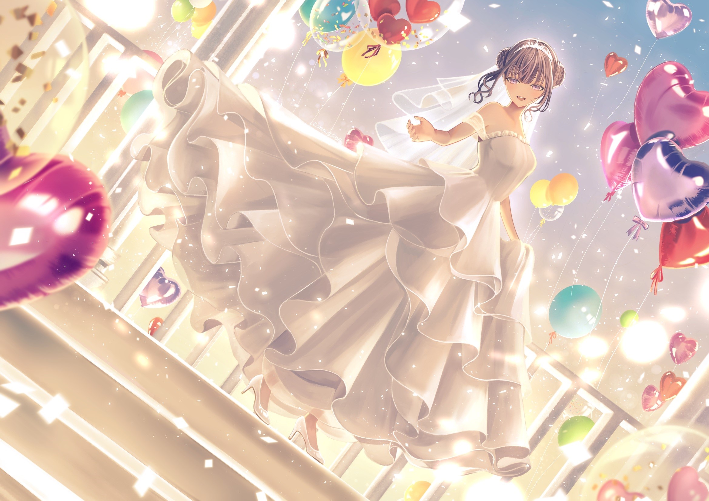 Anime girl in wedding dress with balloons HD Wallpaper