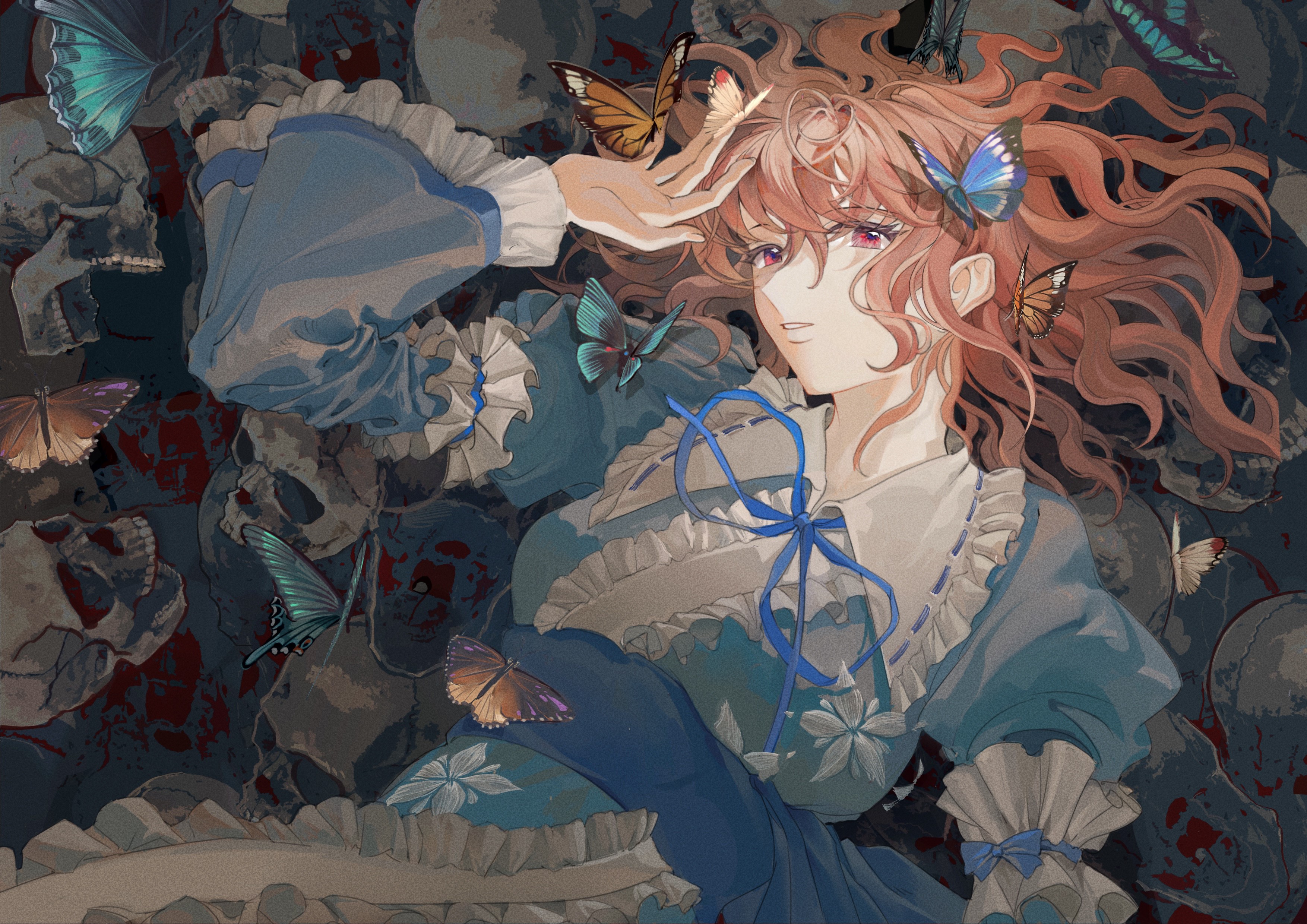 Saigyouji Yuyuko from Touhou surrounded by butterflies and skulls HD Wallpaper