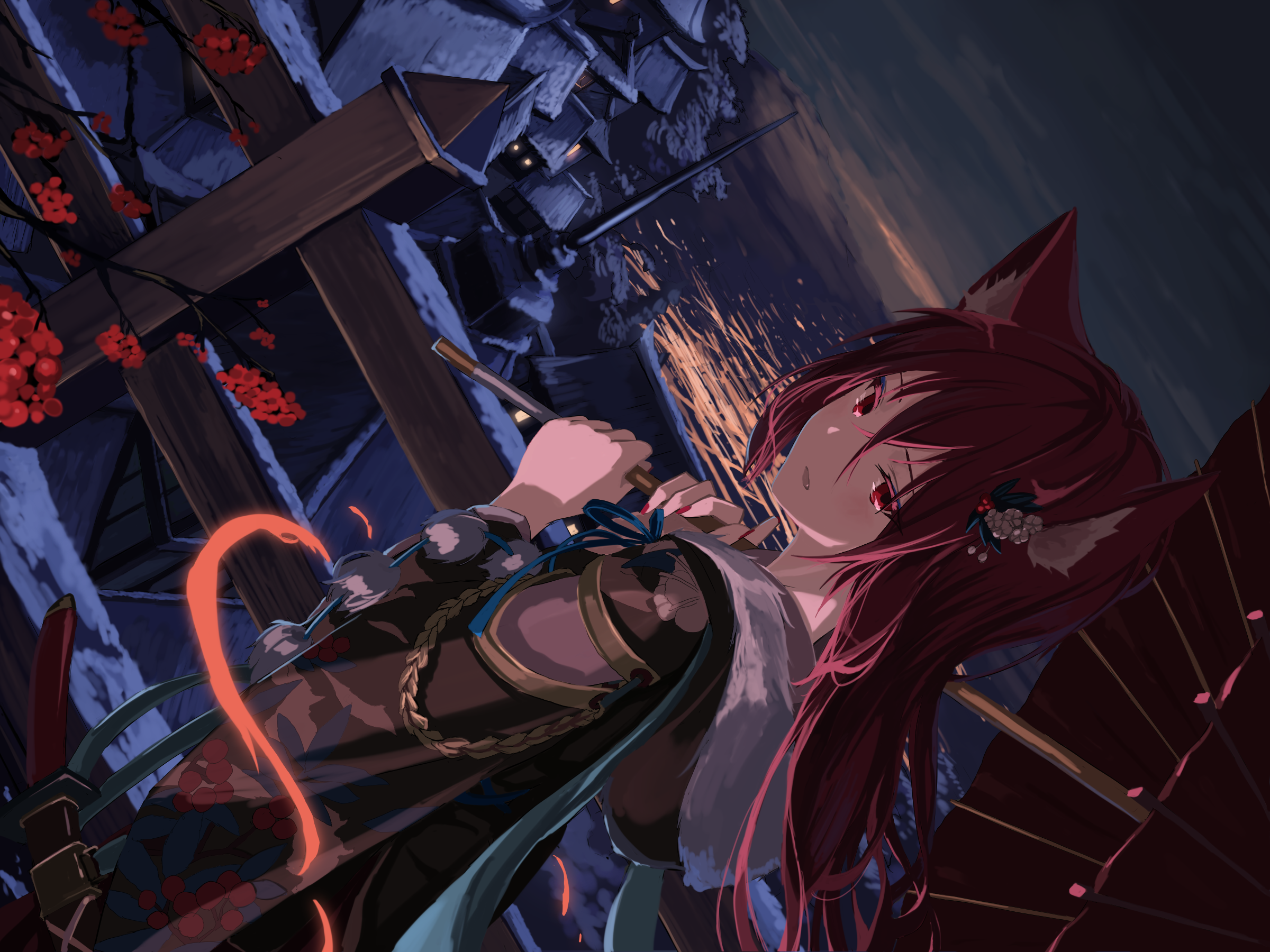 Anime girl with fox ears and red eyes holding a sword HD Wallpaper