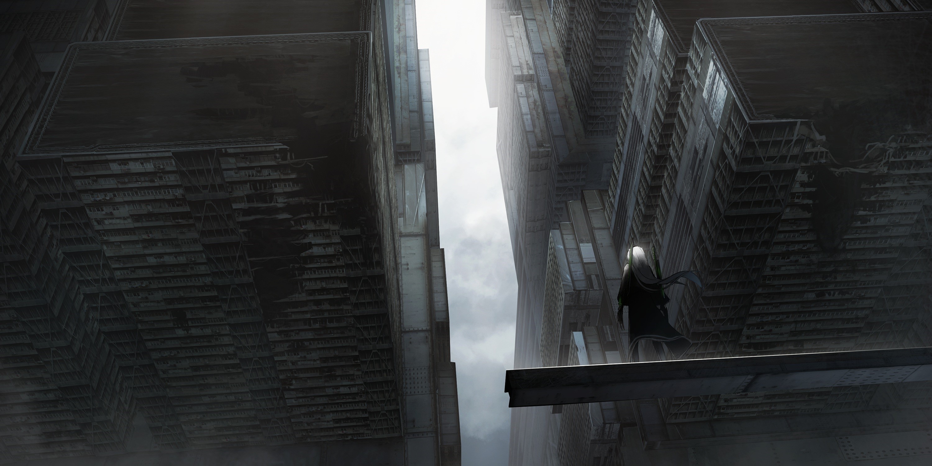 A lone figure stands on a platform between colossal, decaying structures HD Wallpaper