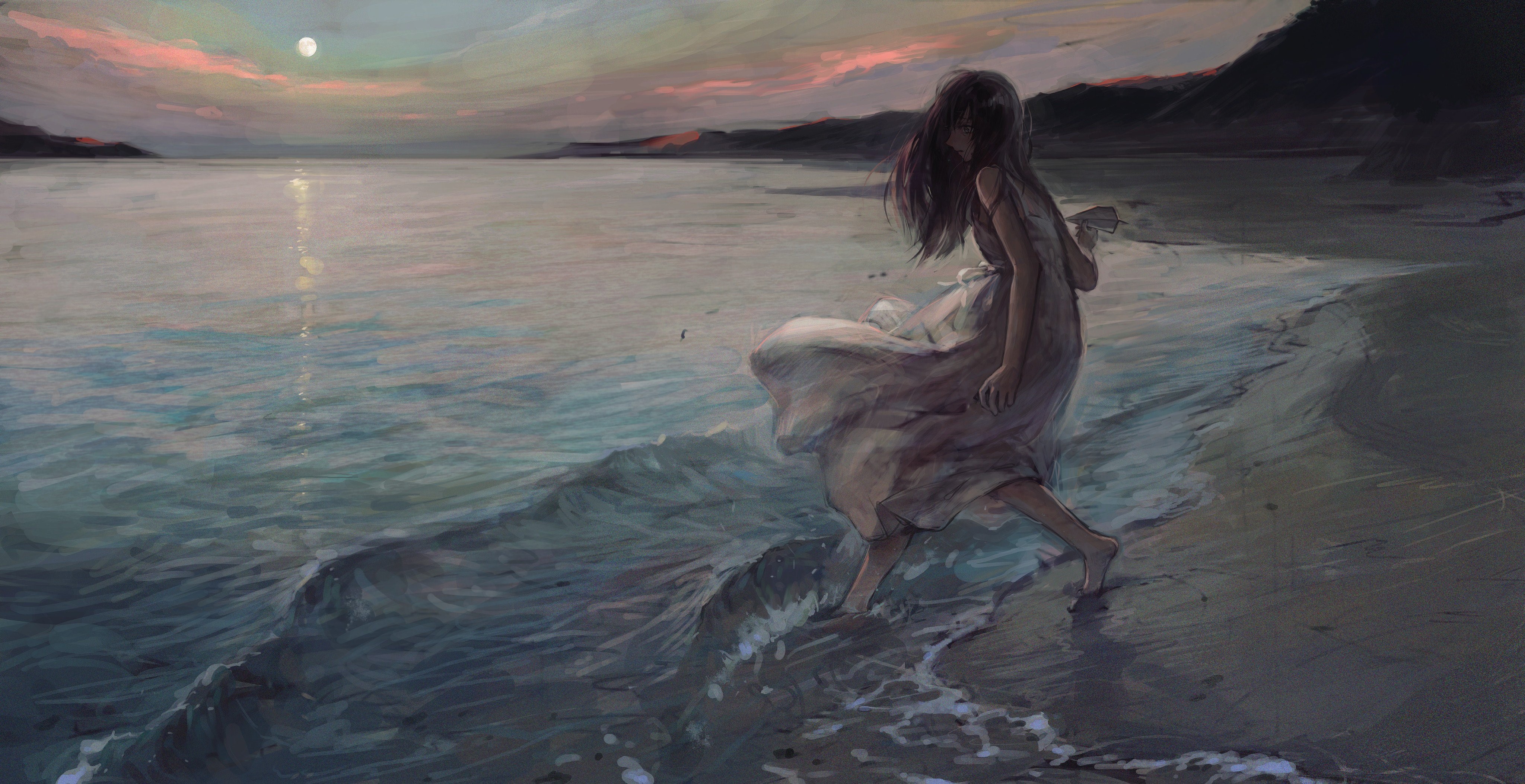 Anime girl barefoot on beach at sunset HD Wallpaper