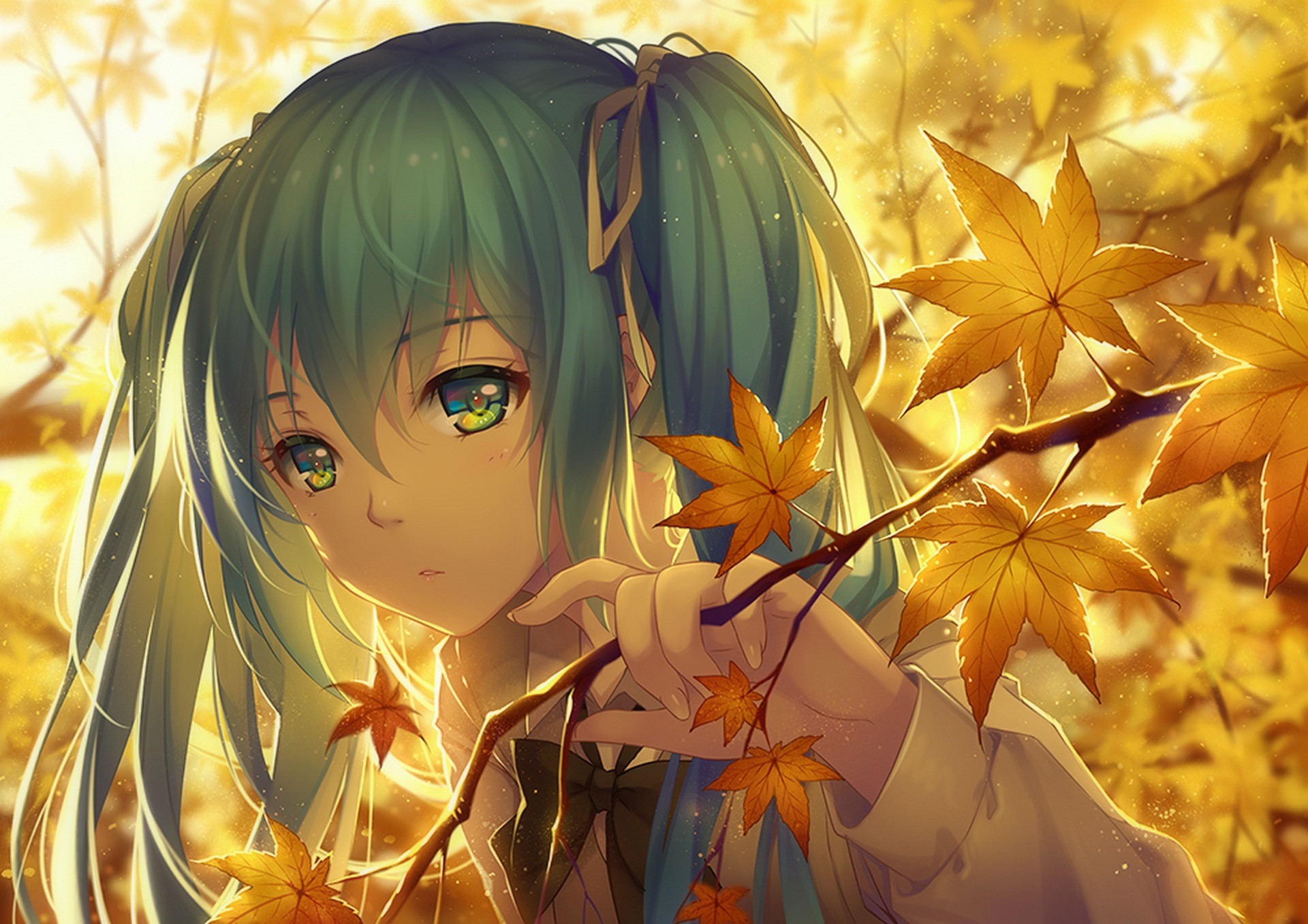 Hatsune Miku in Fall with Maple Leaves HD Wallpaper