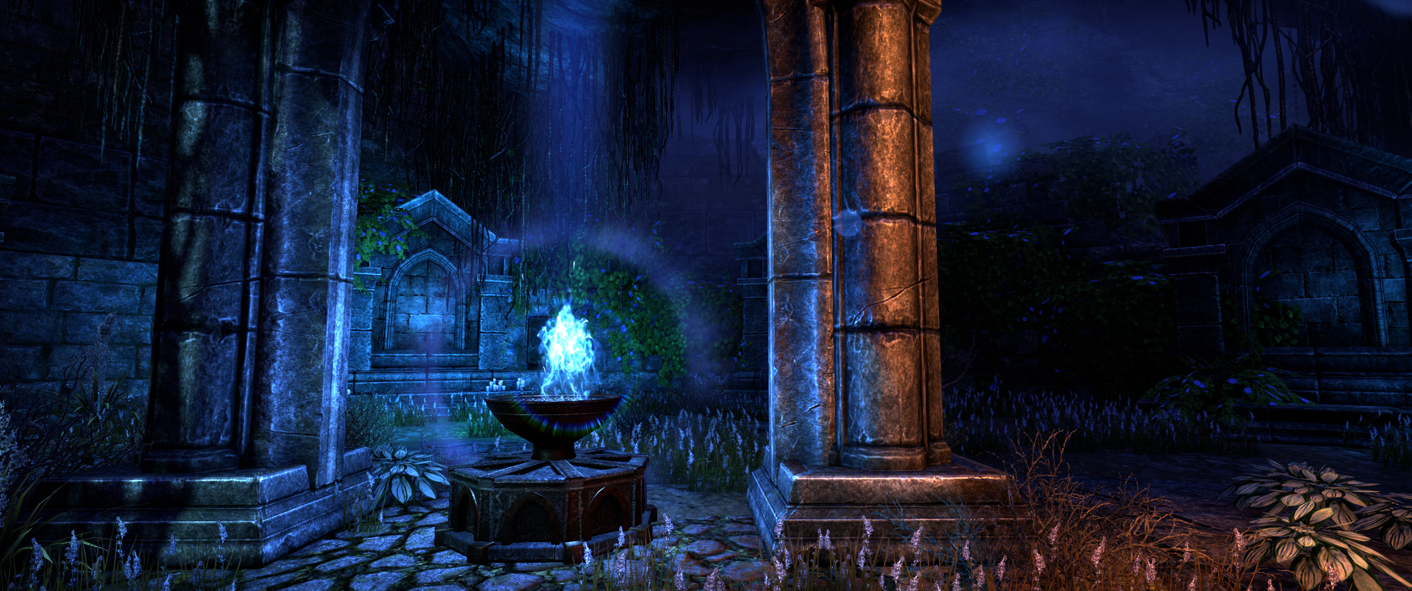 The Elder Scrolls Online graveyard with glowing brazier HD Wallpaper