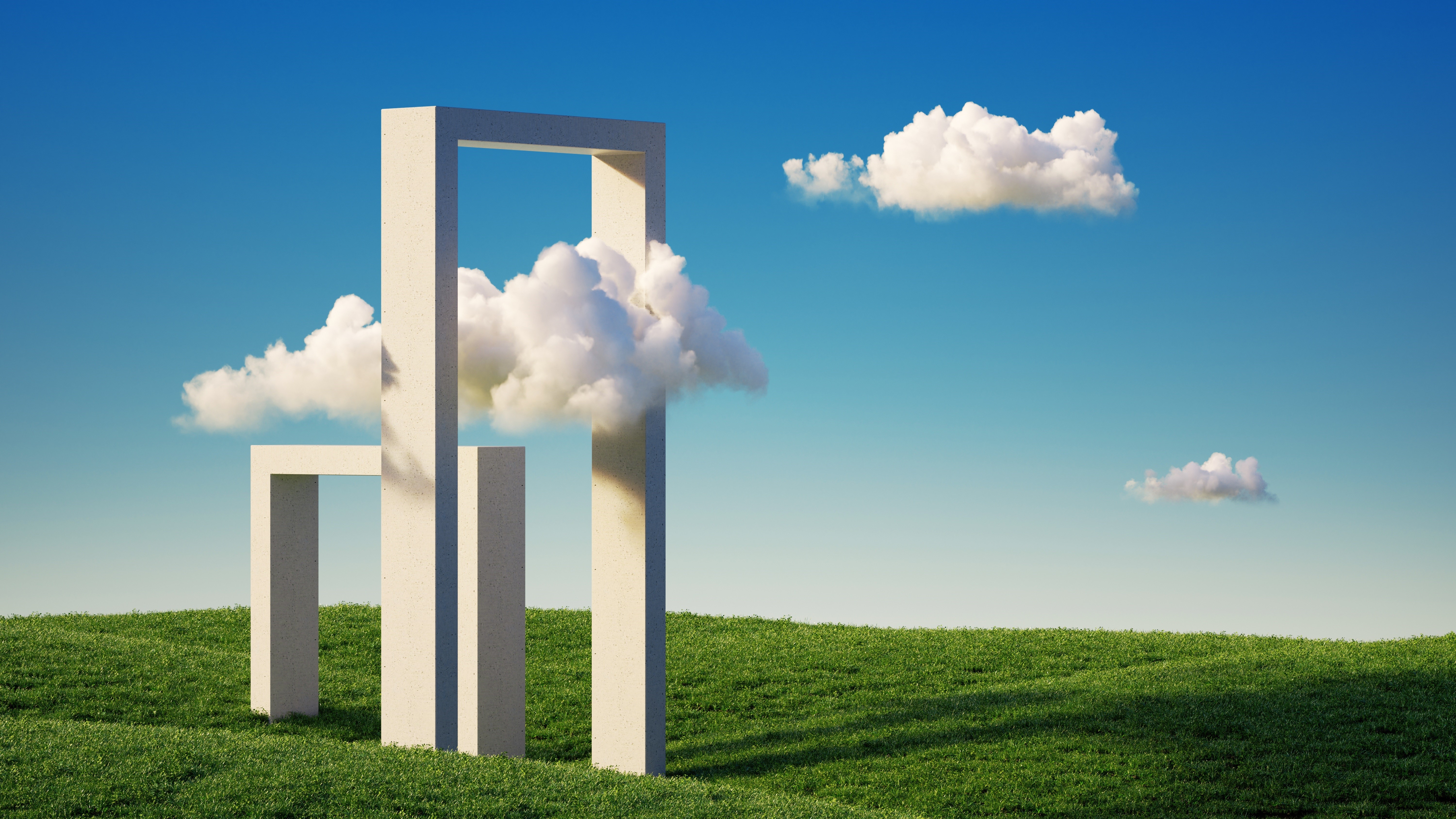 Abstract geometric structures in a grassy landscape under a blue sky HD Wallpaper