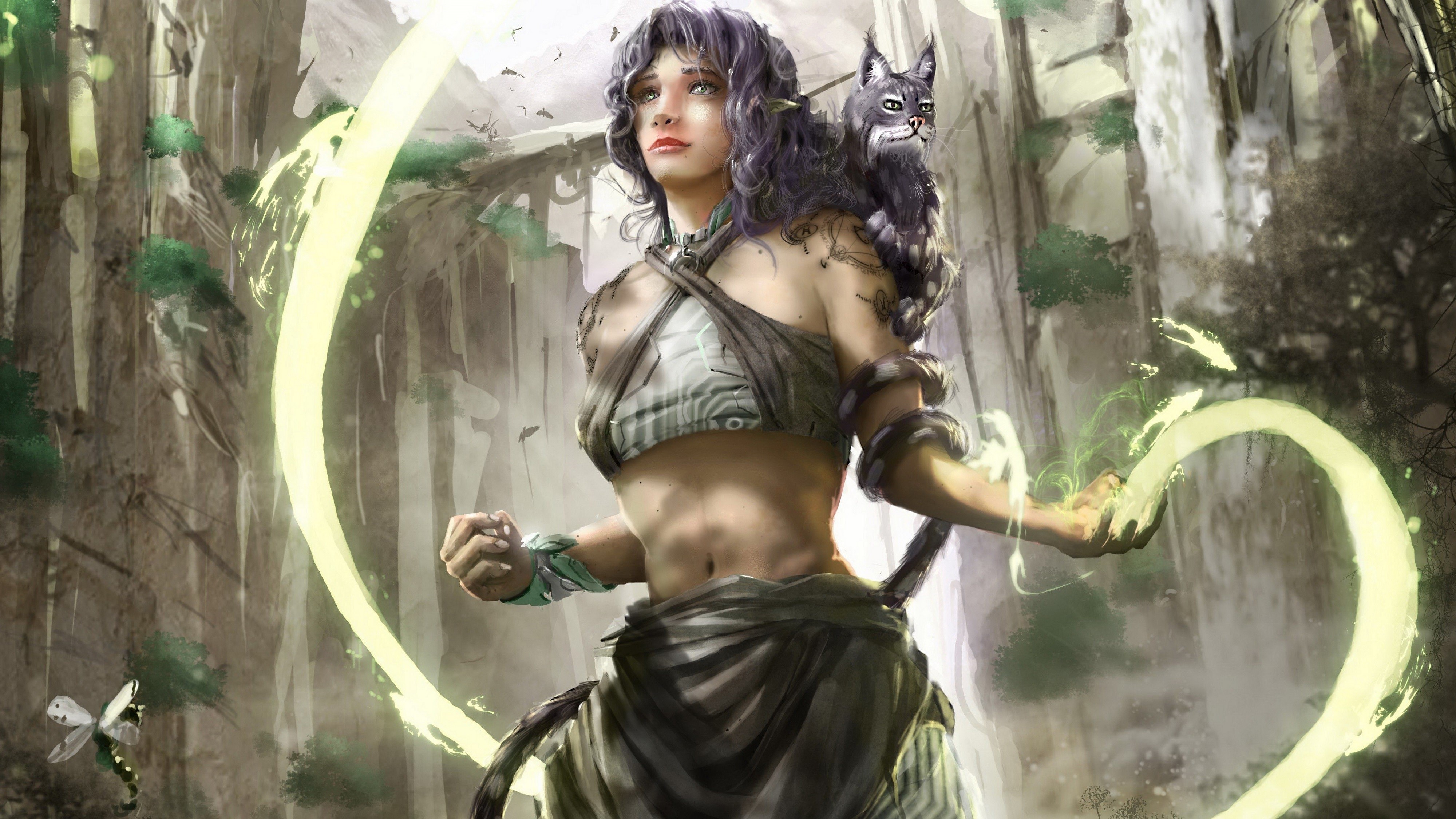 Fantasy art of a woman with a lynx and magic HD Wallpaper
