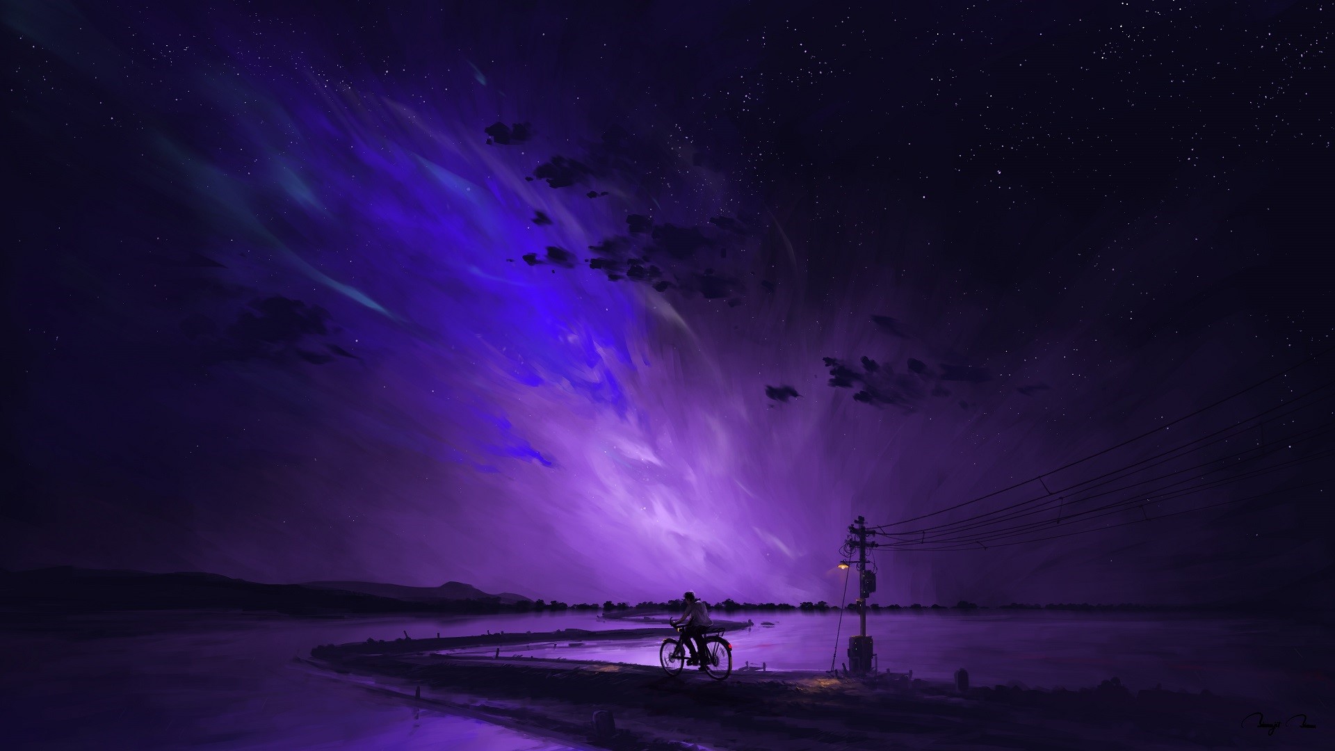 Digital painting of a bicyclist at night with purple clouds HD Wallpaper
