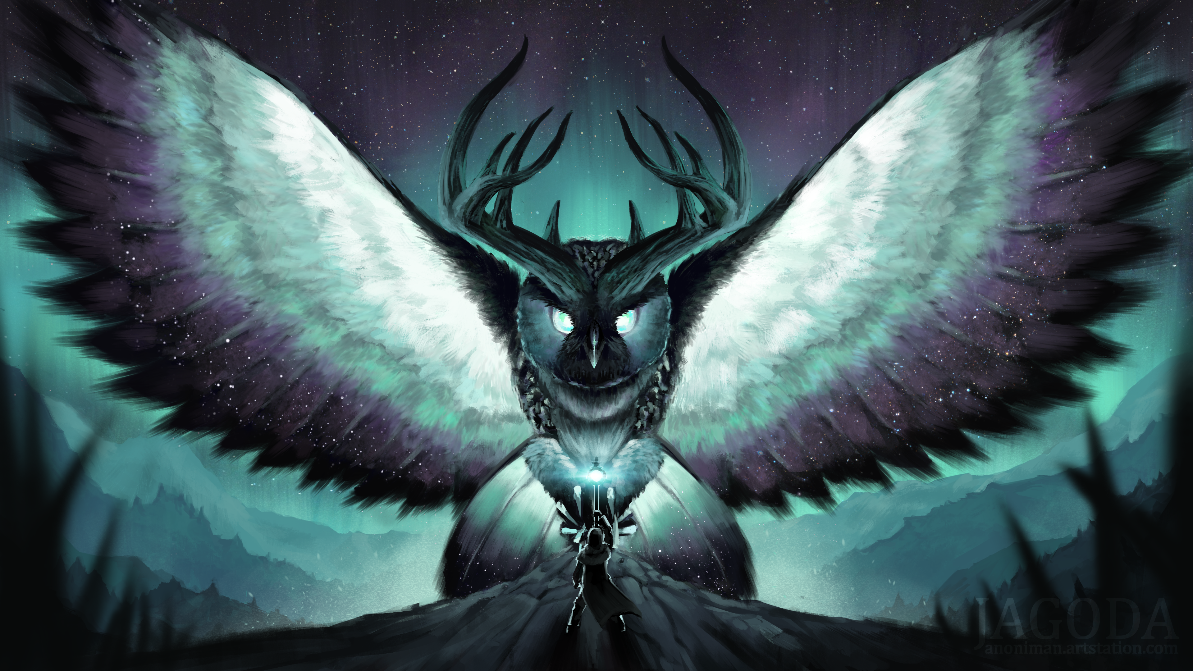 4K Fantasy Art of a Creature with Owl and Antlers HD Wallpaper