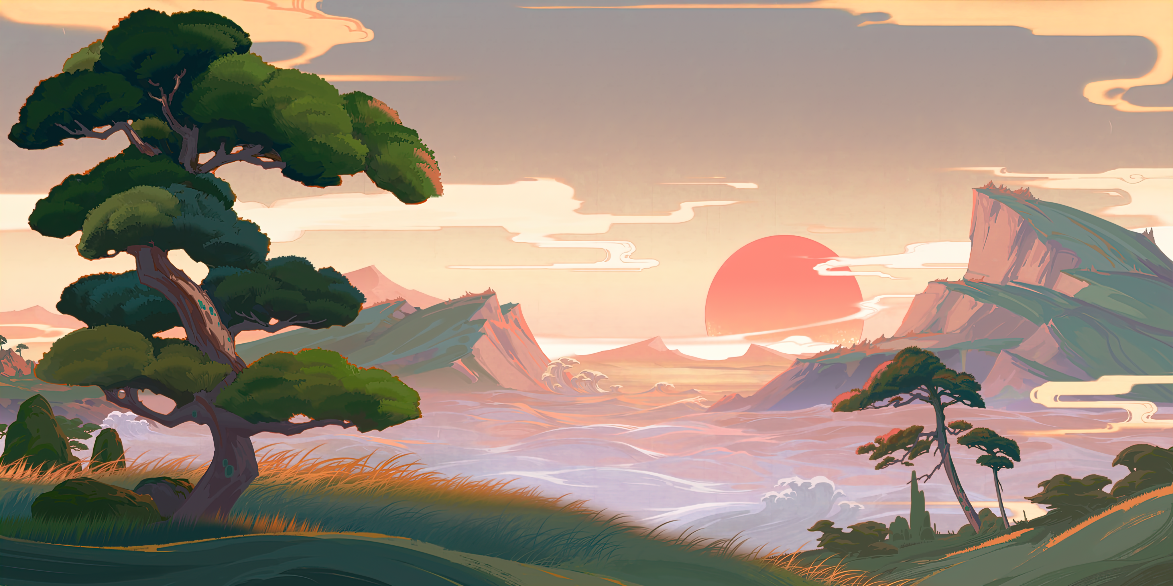 Genshin Impact Inazuma landscape with trees and mountains at sunset HD Wallpaper