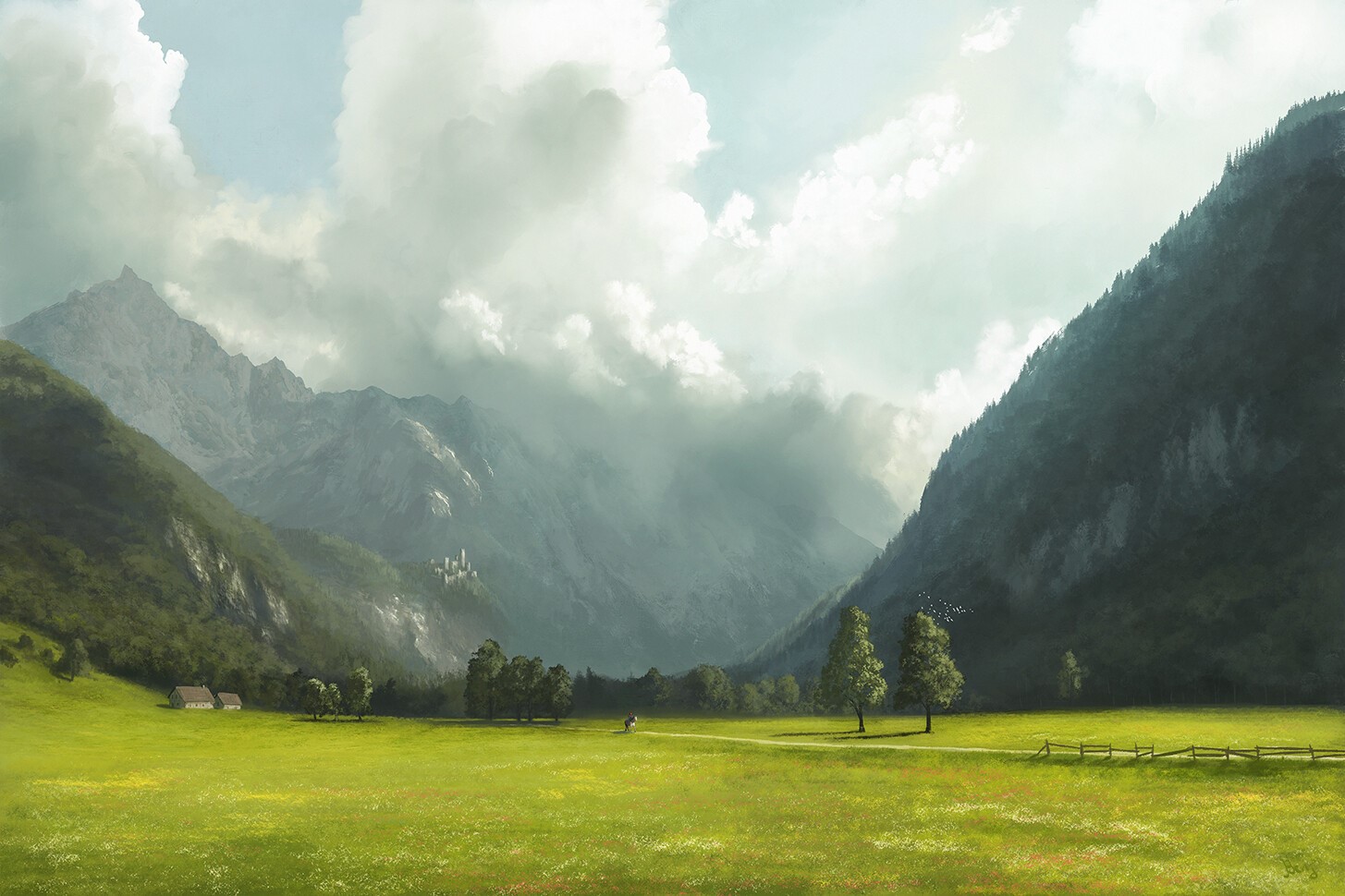 Fantasy landscape with mountains, valley, and a castle HD Wallpaper