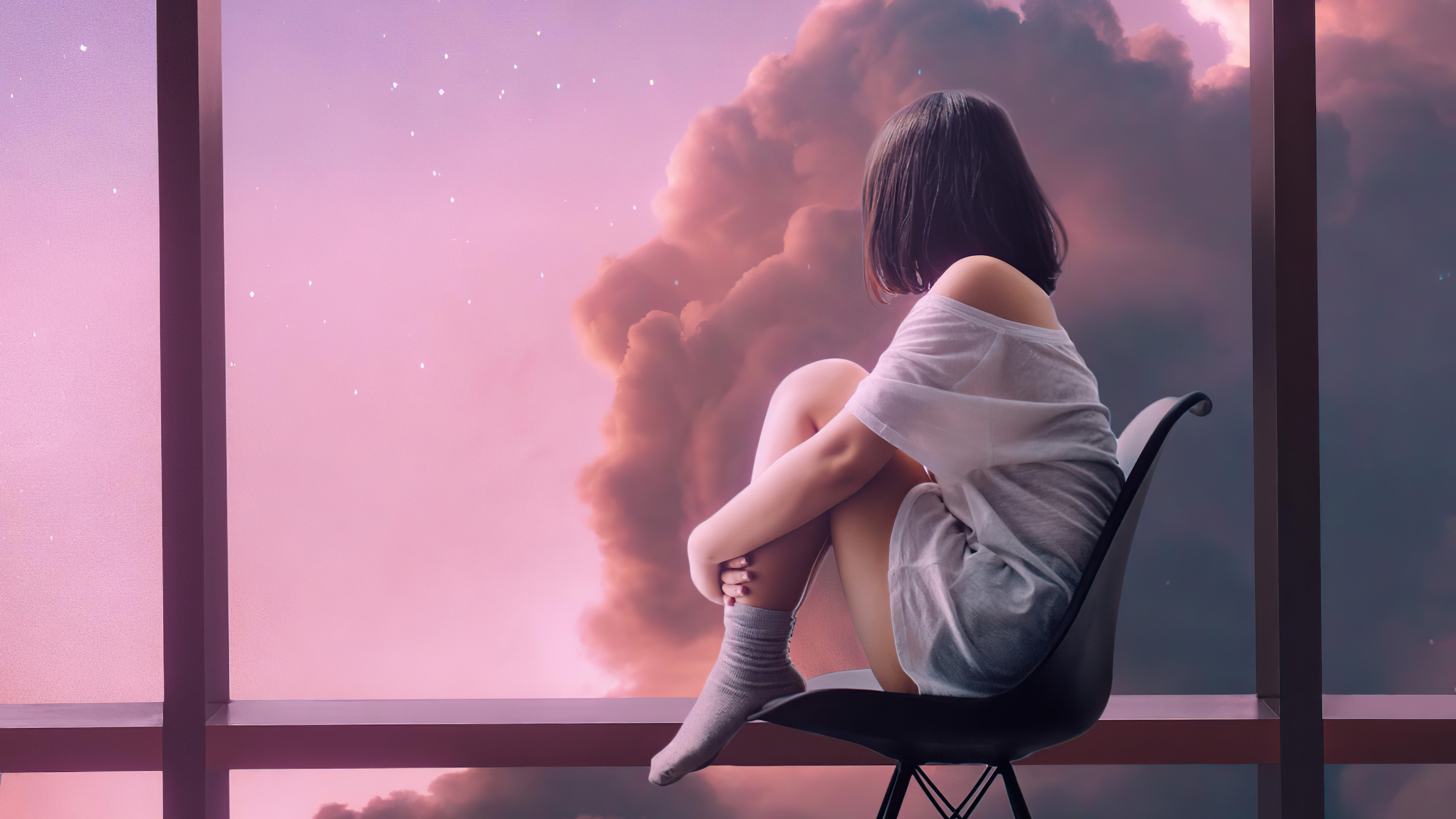Girl in socks looking out window at pink clouds HD Wallpaper