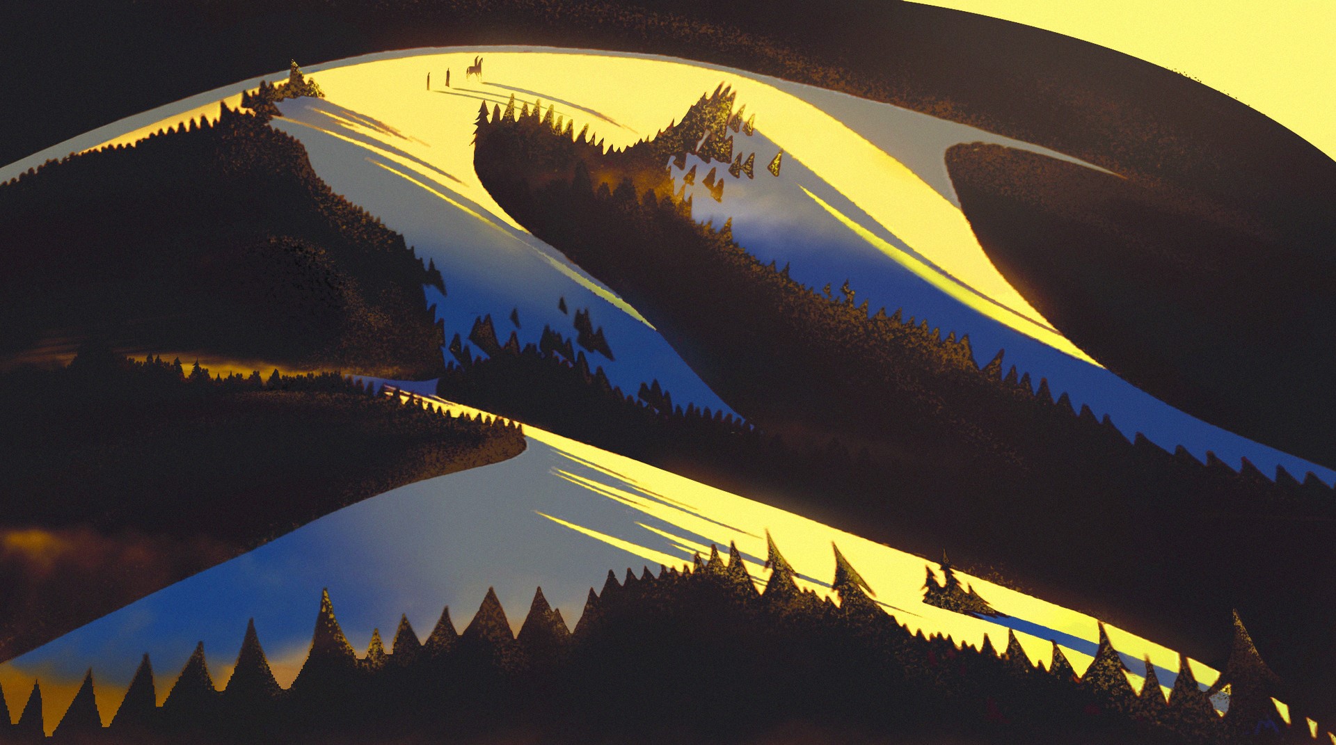 Abstract mountain landscape with trees and shadows HD Wallpaper