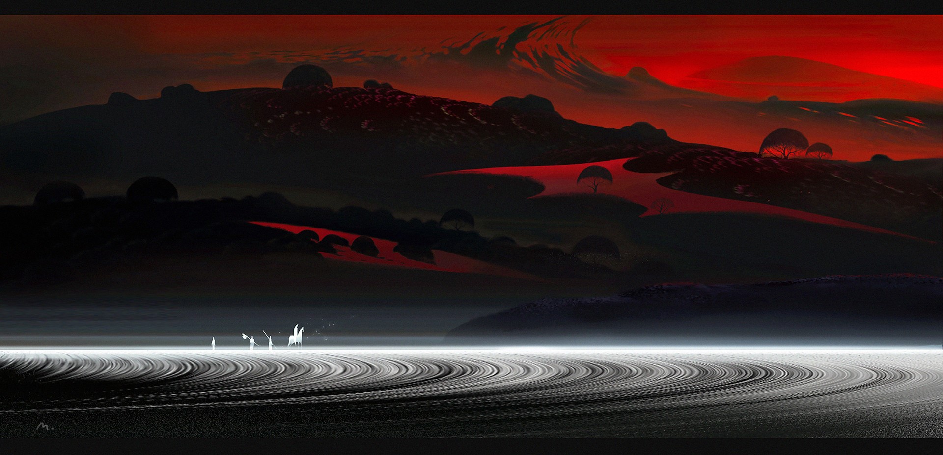 Digital art landscape with abstract elements and trees HD Wallpaper