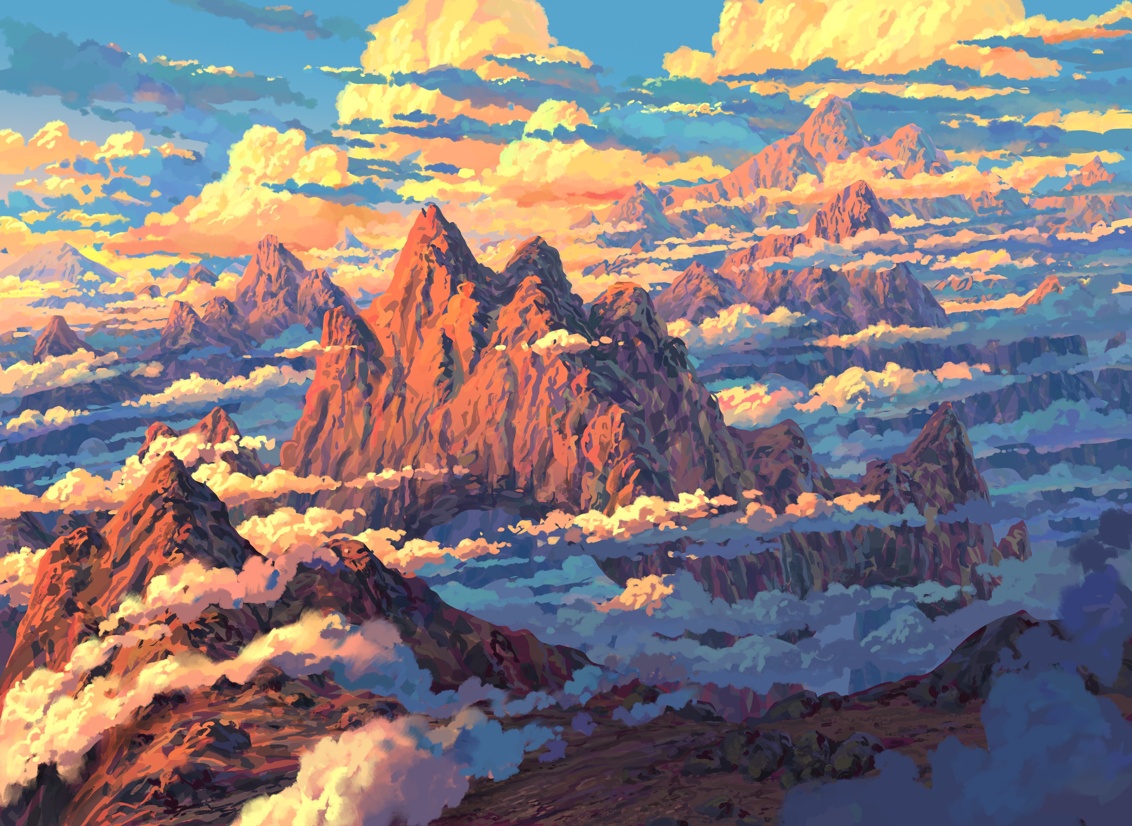 Artwork of mountains and clouds at sunset HD Wallpaper
