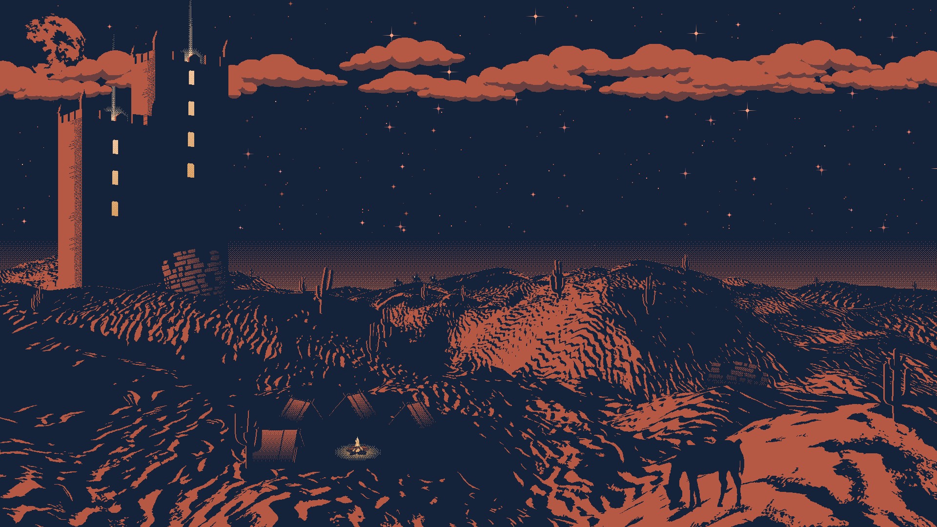 Pixel art desert landscape with tower at night HD Wallpaper