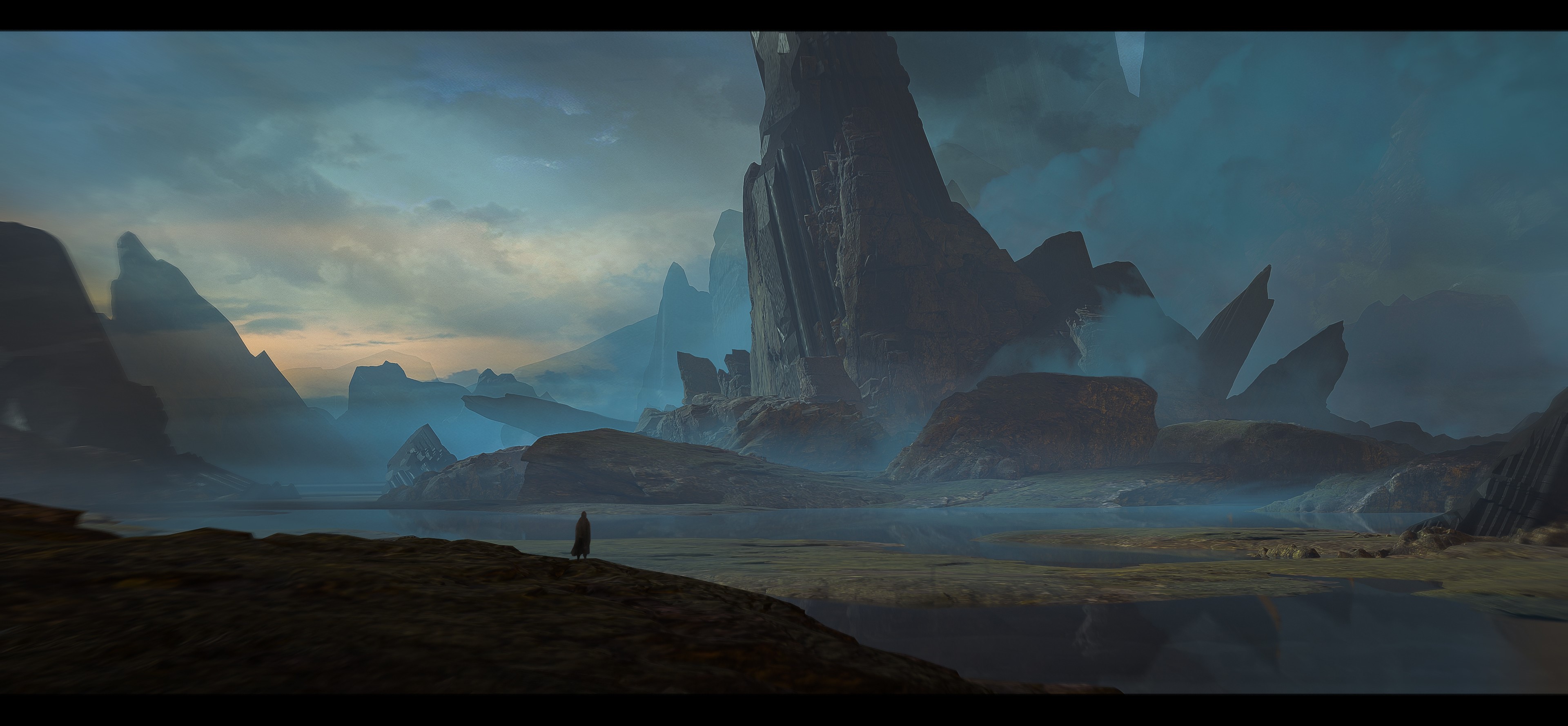 Artwork of a solitary figure in a misty, mountainous landscape HD Wallpaper