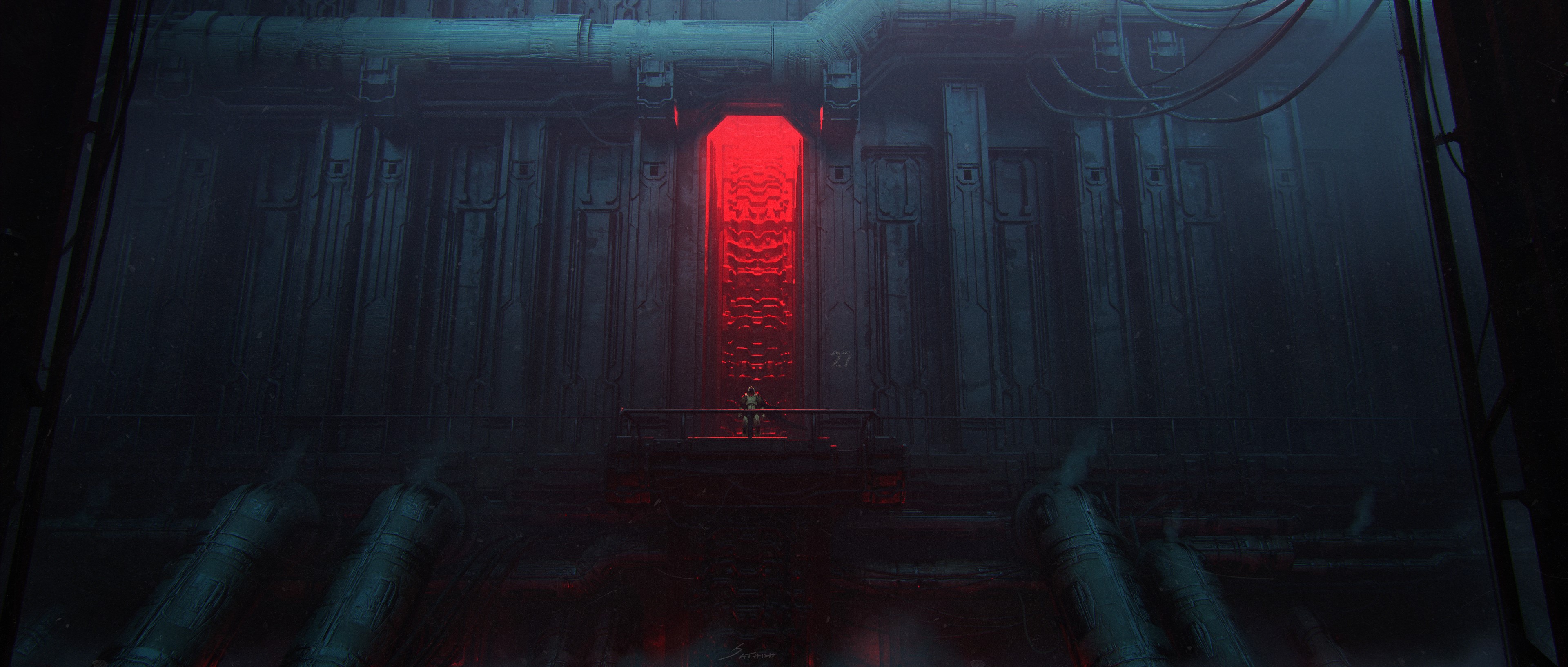 Science fiction industrial interior with red glow HD Wallpaper