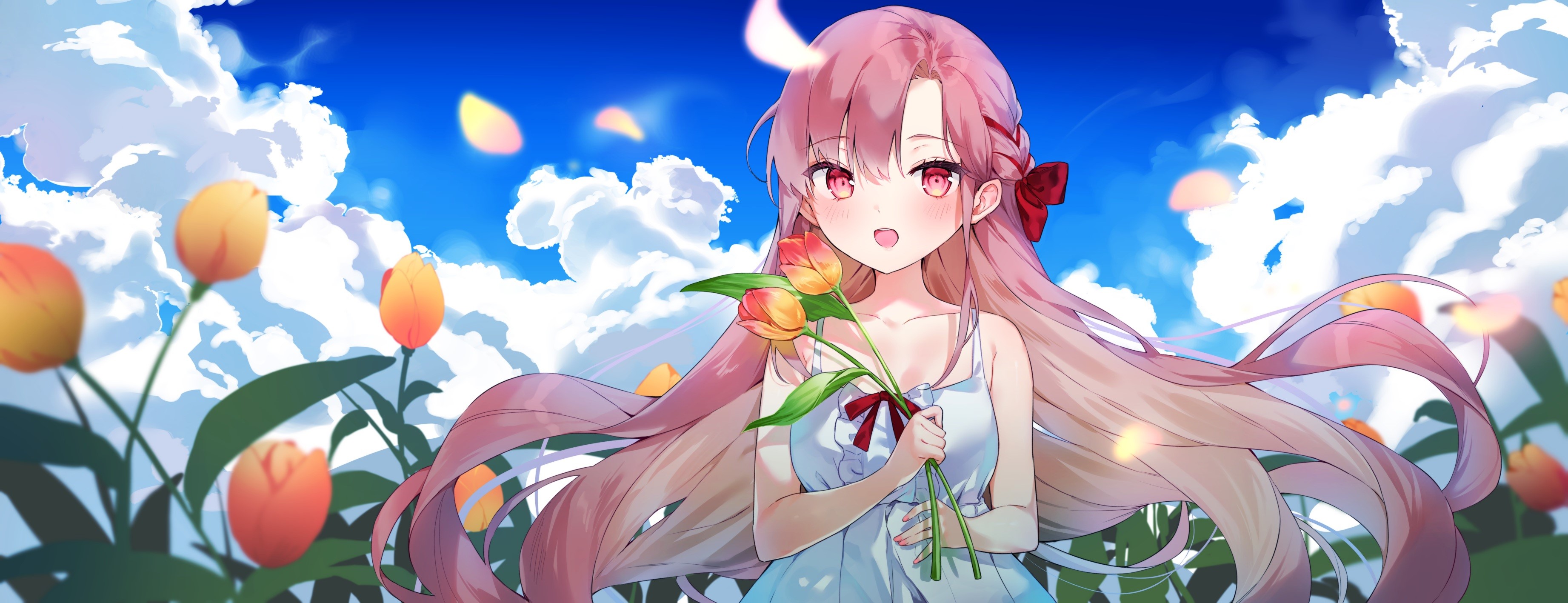 Anime girl with pink hair holding tulips HD Wallpaper