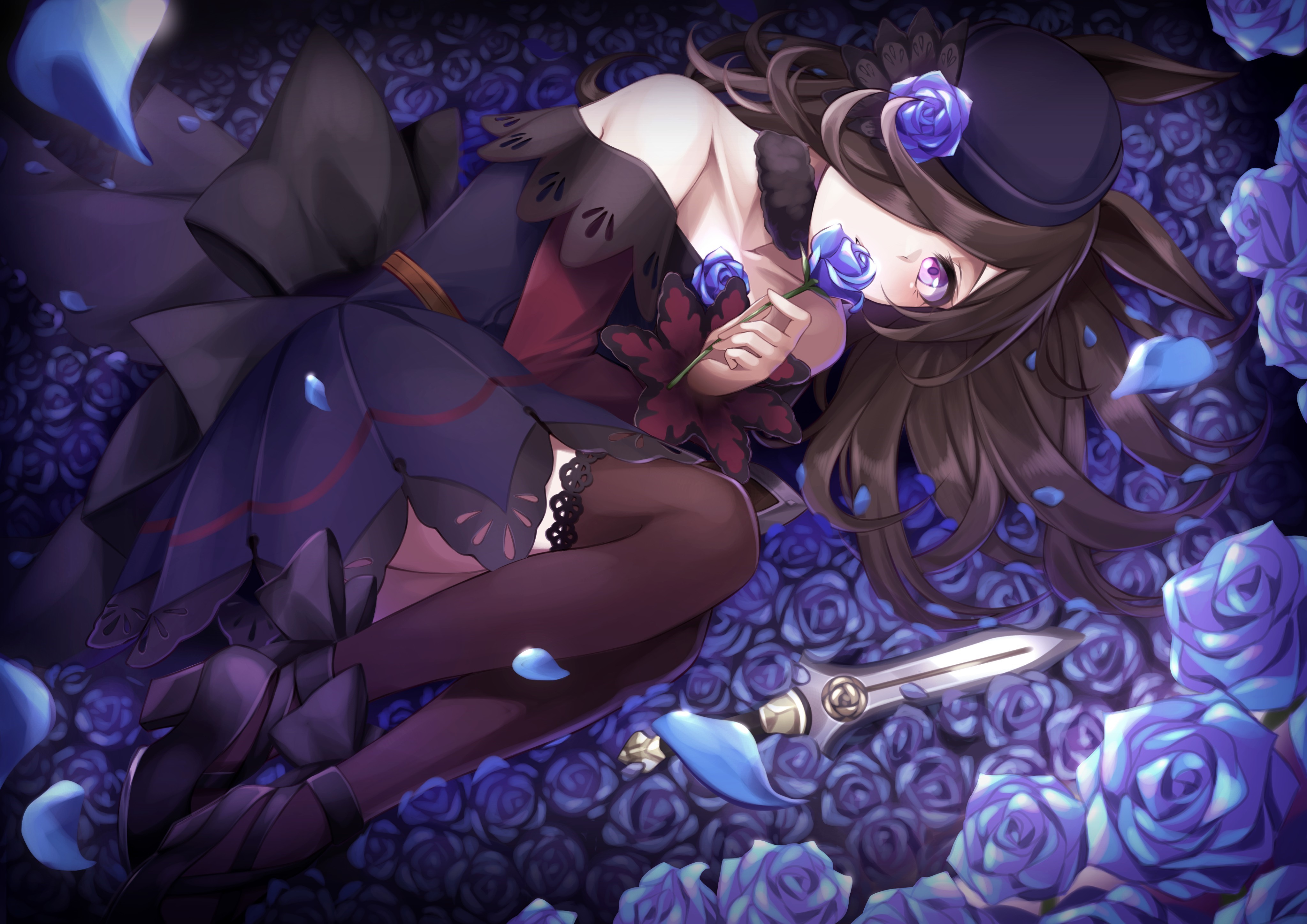 Rice Shower from Uma Musume Pretty Derby lying on roses HD Wallpaper