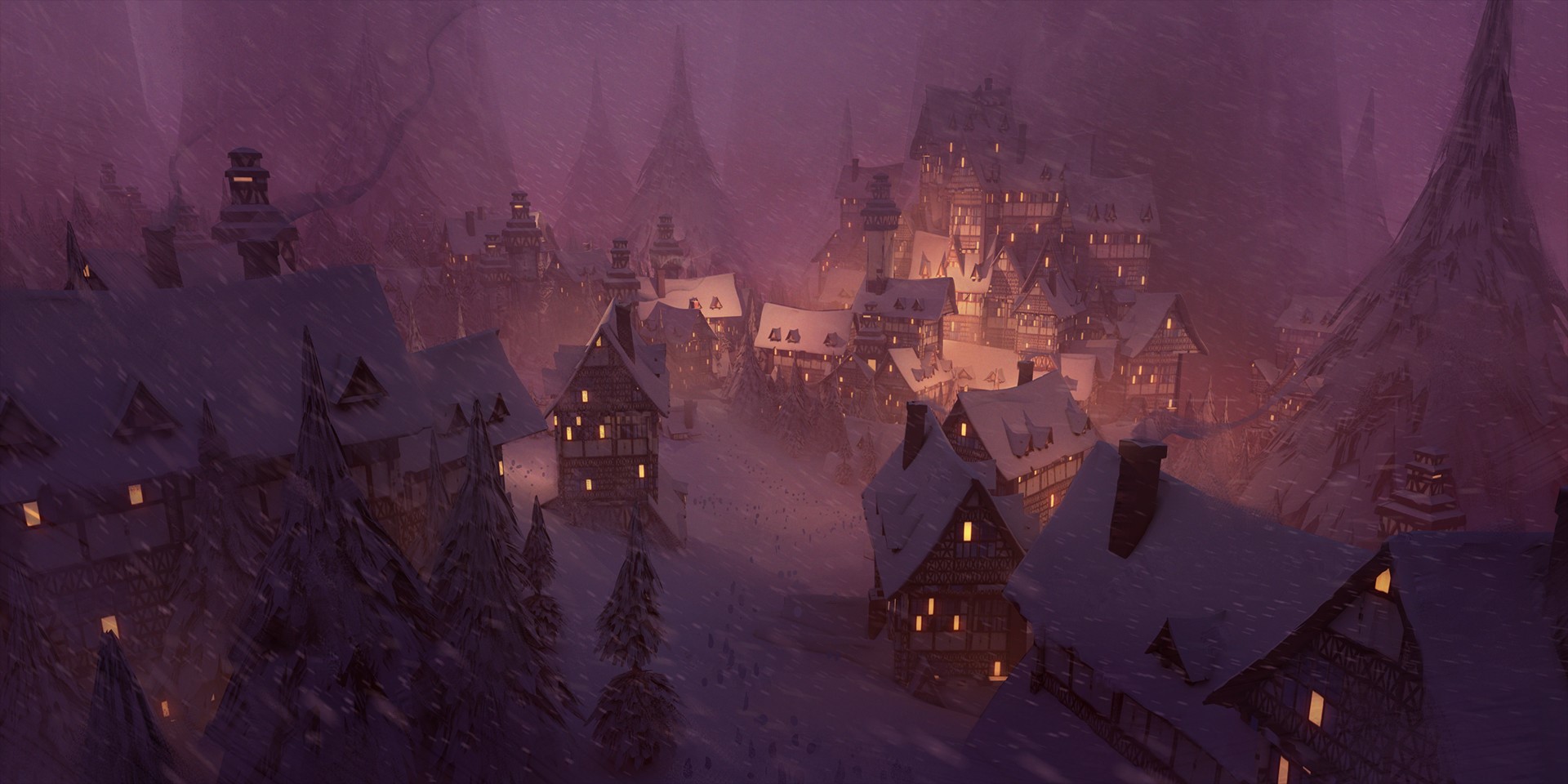 Fantasy village in a snowy winter night by Thomas Stoop HD Wallpaper