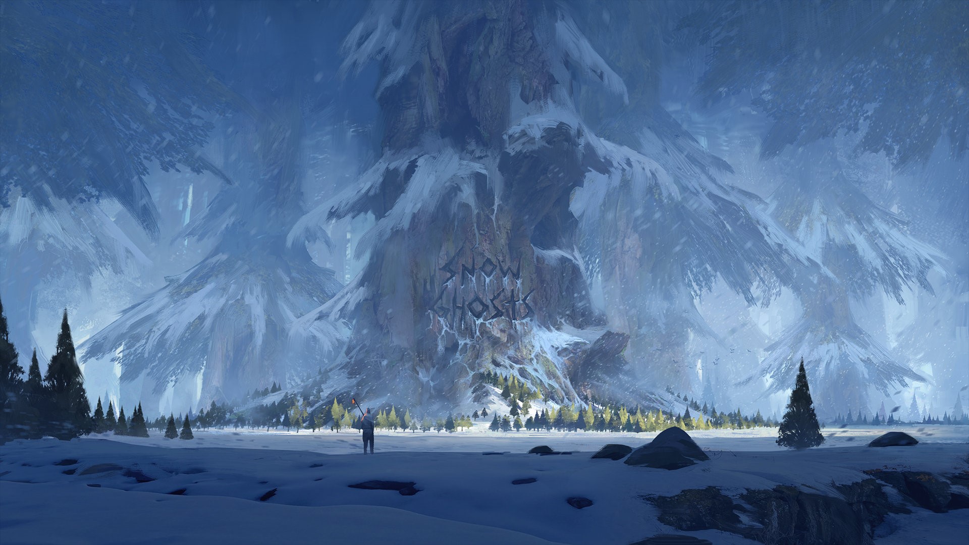 Snow Ghosts inscription on a snowy mountain HD Wallpaper