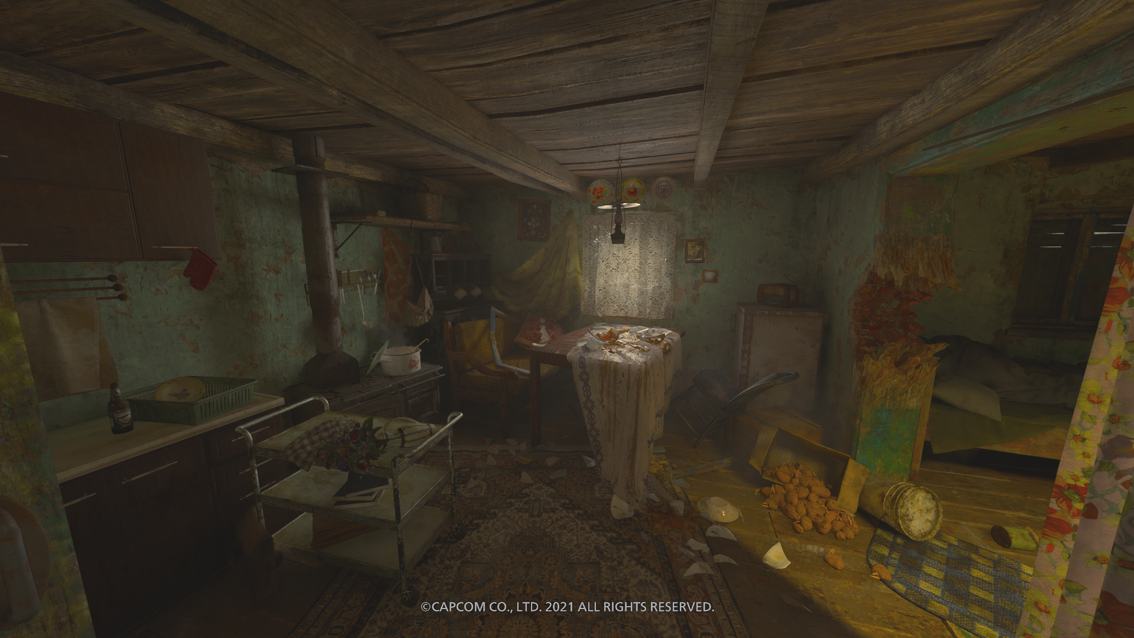 Interior of a dilapidated house from Resident Evil 8: Village HD Wallpaper