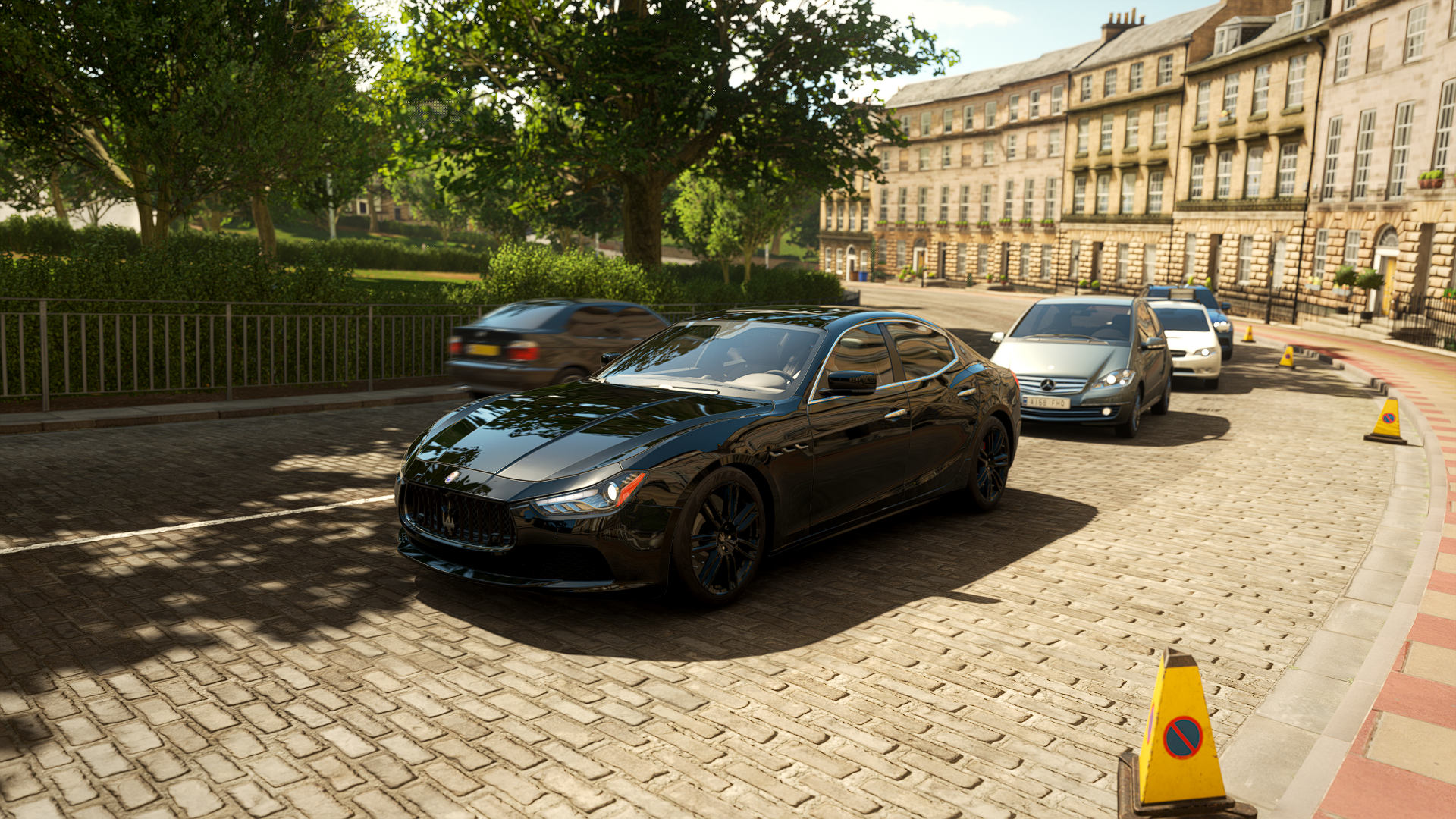 Black Maserati Ghibli on a cobblestone street in Forza Horizon HD Wallpaper