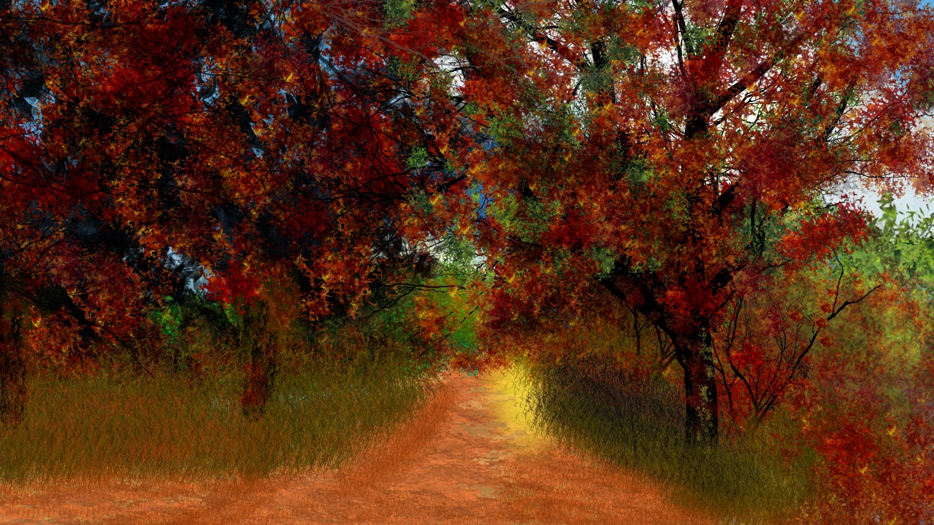 Digital painting of a path through autumn trees HD Wallpaper