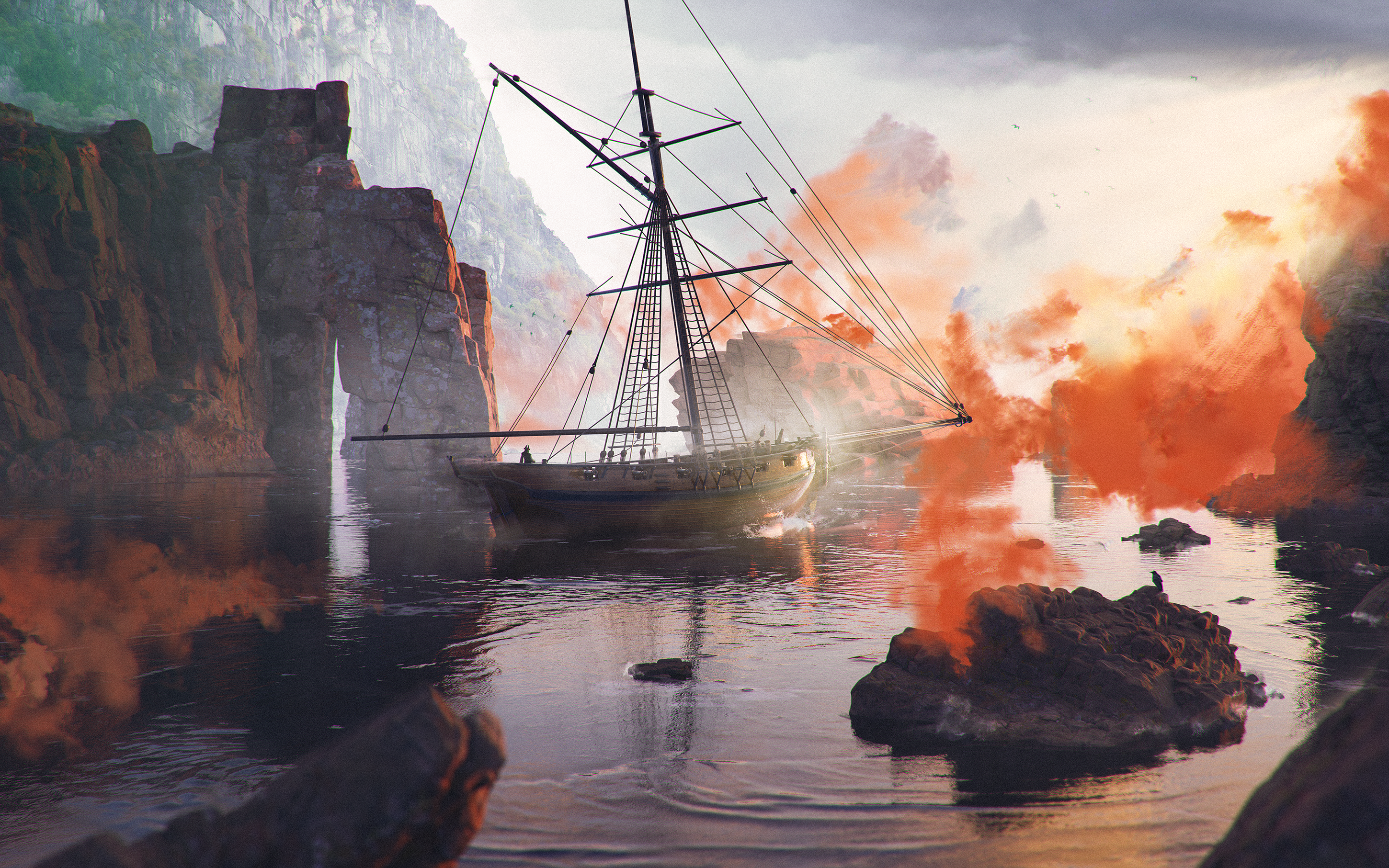 Sailing ship amidst rocky cliffs and orange smoke HD Wallpaper
