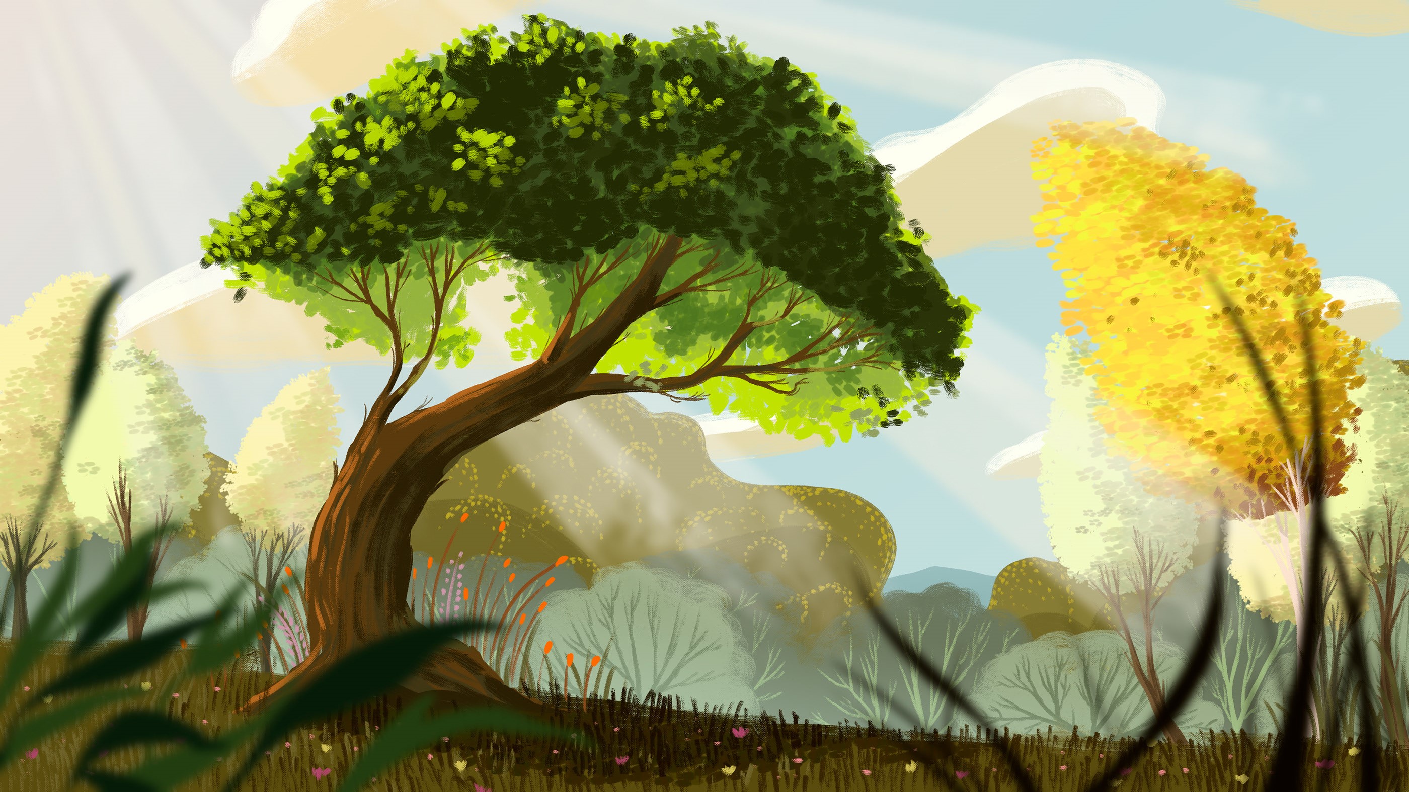 Digital art landscape with trees and flowers by David Pavon HD Wallpaper