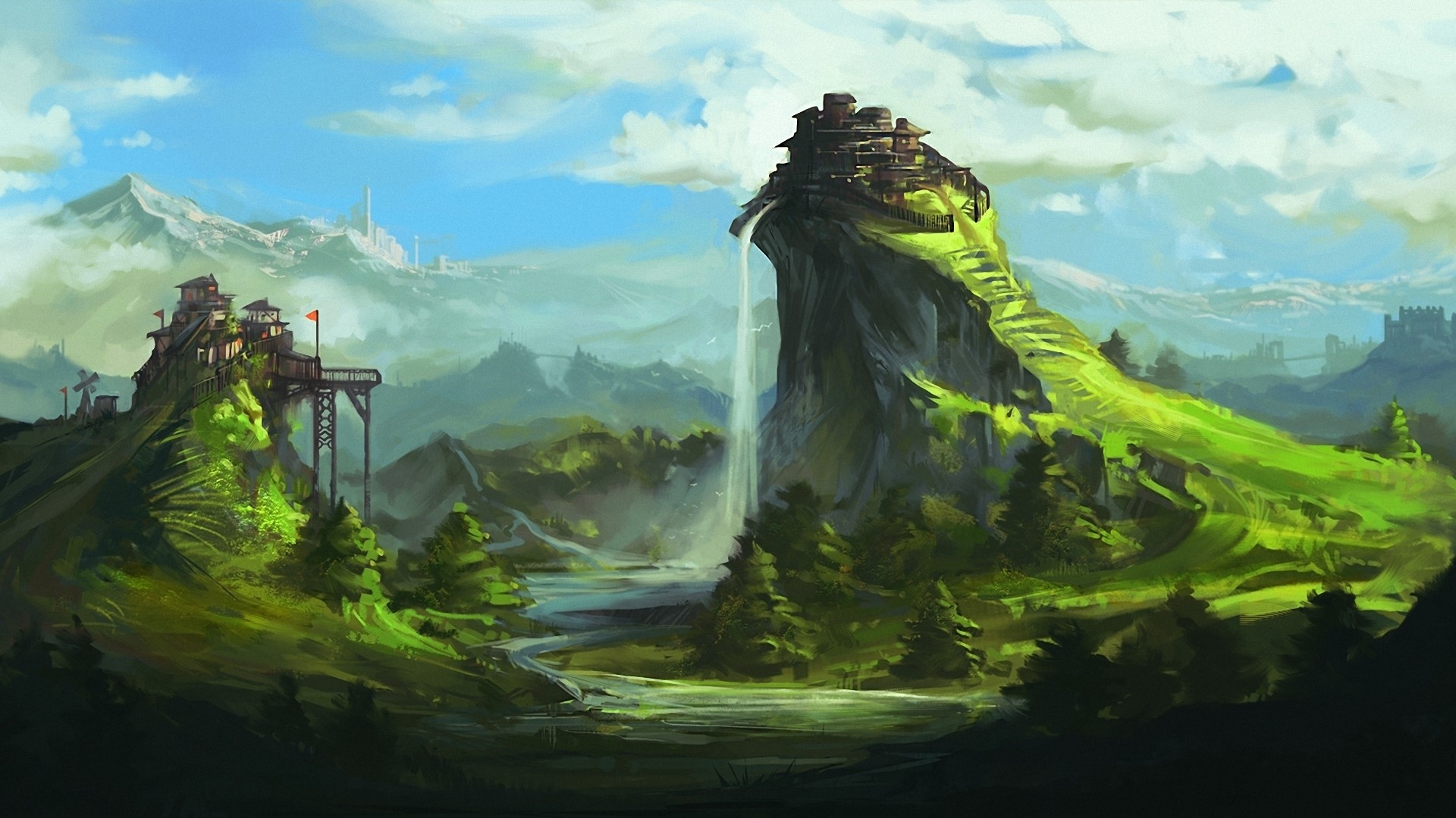 Digital art landscape with mountains and waterfalls HD Wallpaper