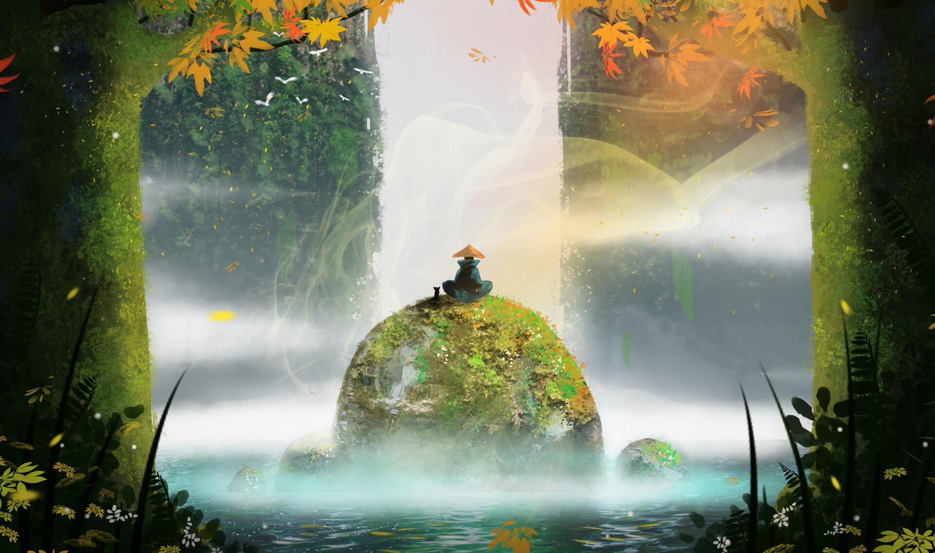 Fantasy art of a person and cat on a rock island HD Wallpaper