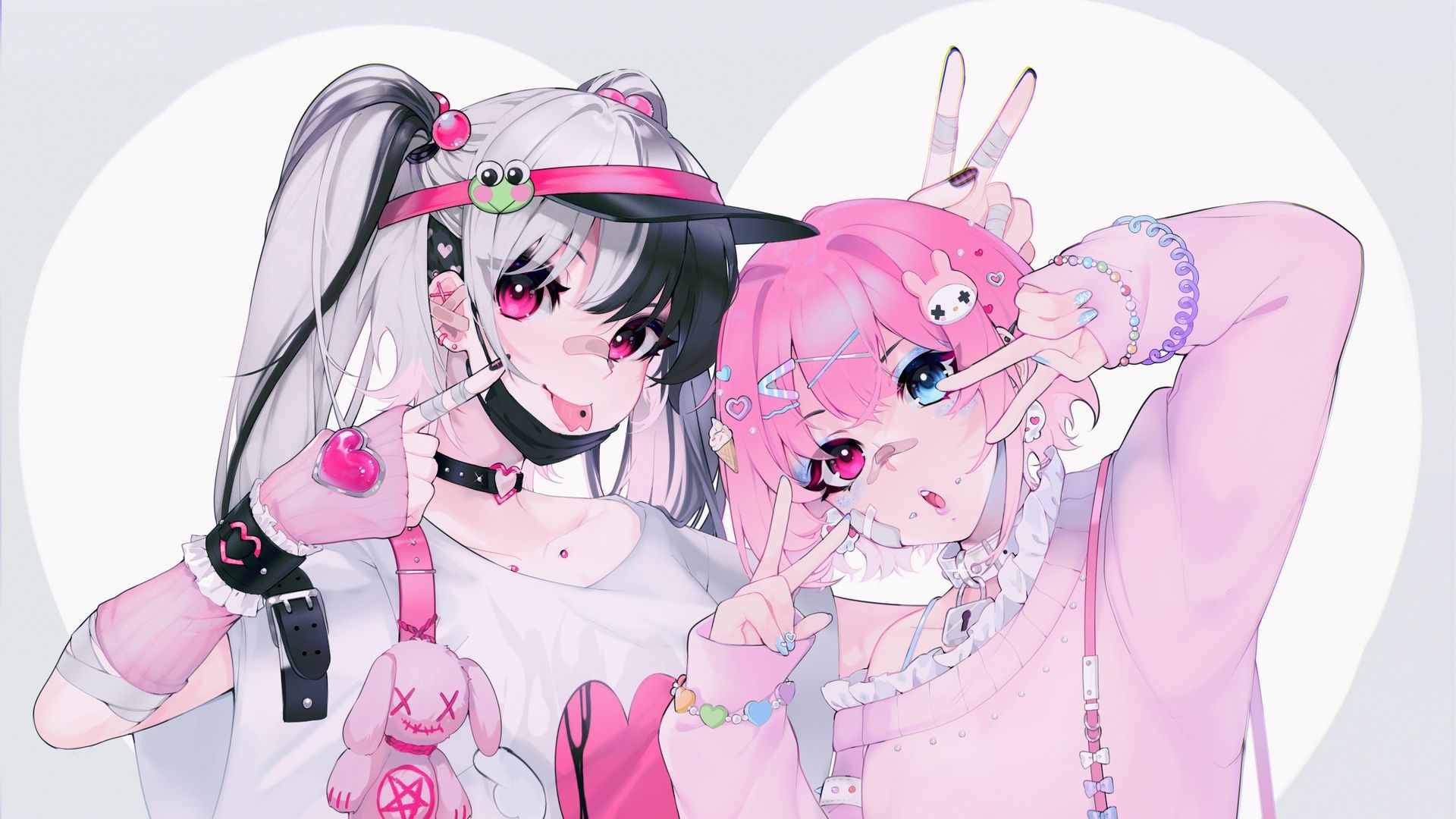 Two anime girls with piercings and hand gestures HD Wallpaper